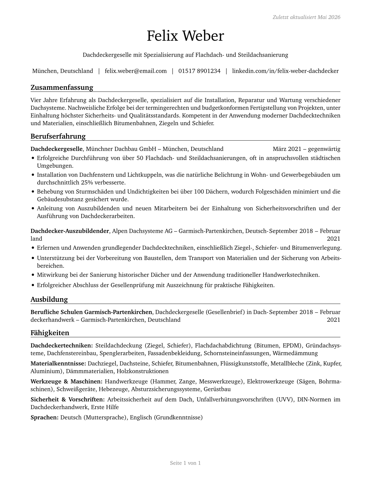 Roofers CV in German — page 1