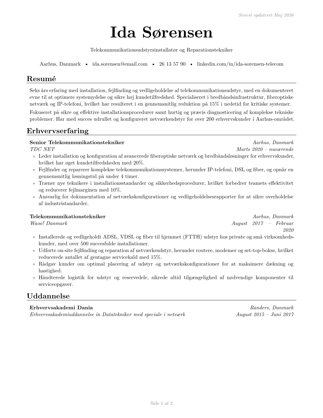Telecommunications Equipment Installers and Repairers, Except Line Installers CV in Danish — page 1