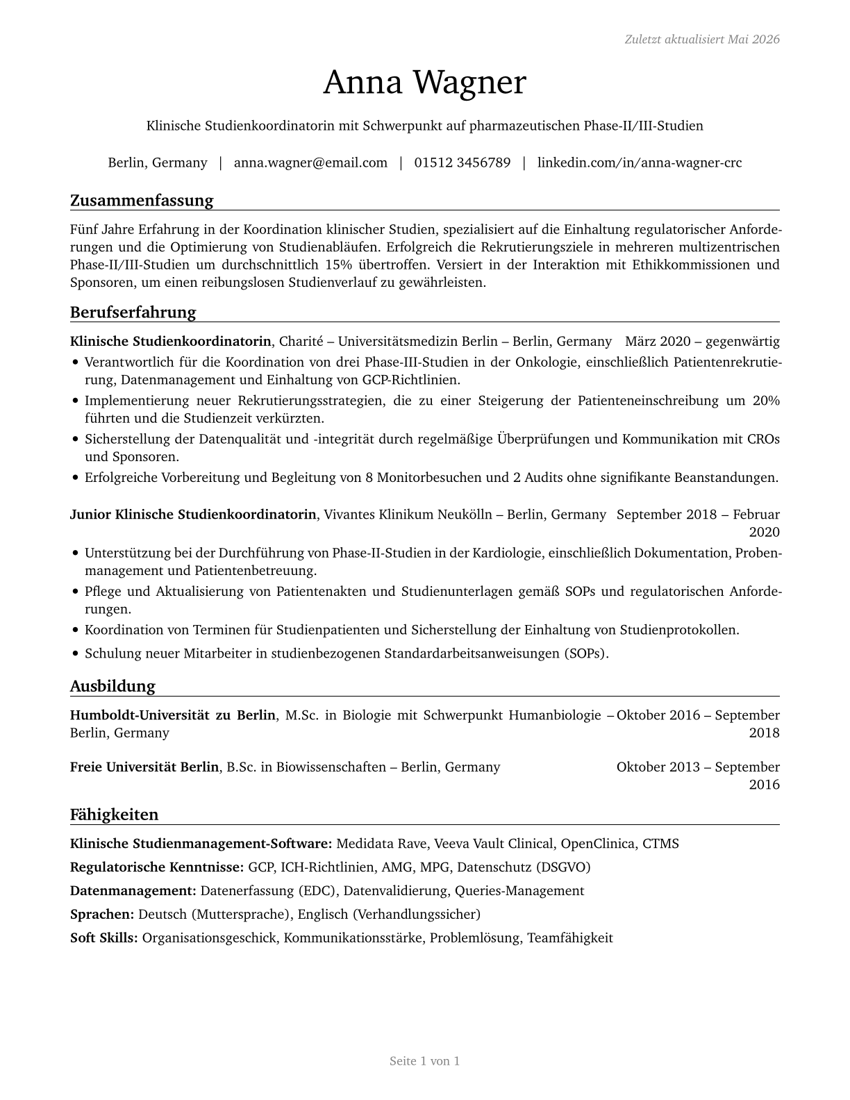 Clinical Research Coordinators CV in German — page 1