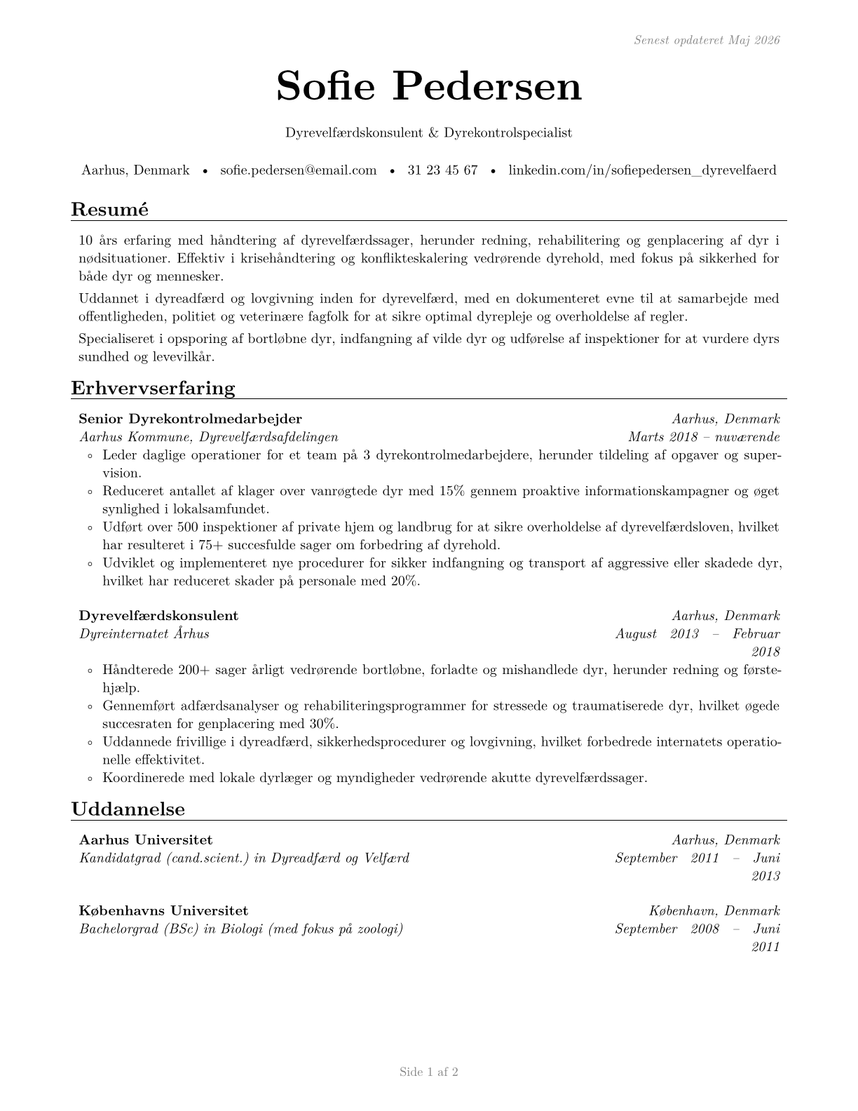 Animal Control Workers CV in Danish — page 1