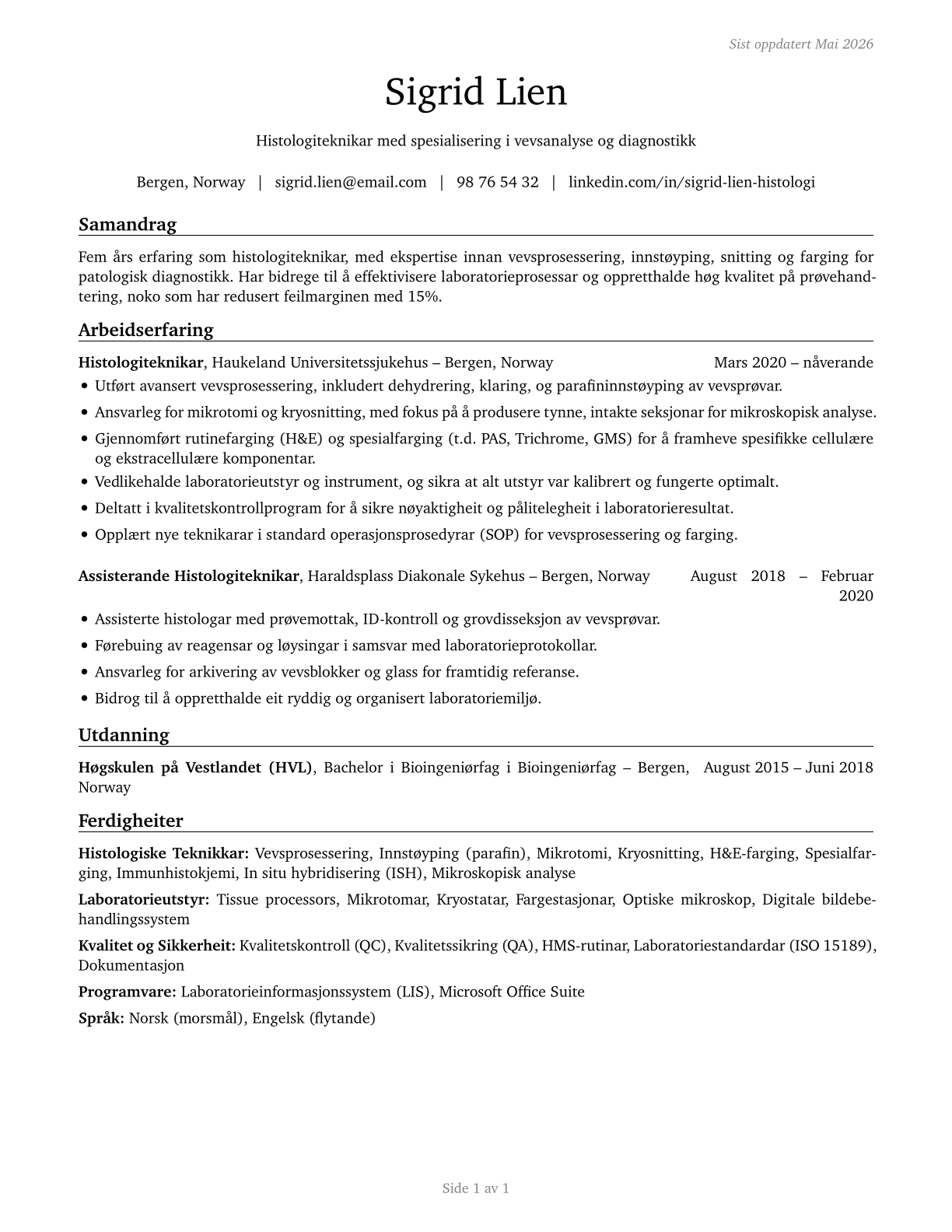 Histology Technicians CV in Norwegian_nynorsk — page 1