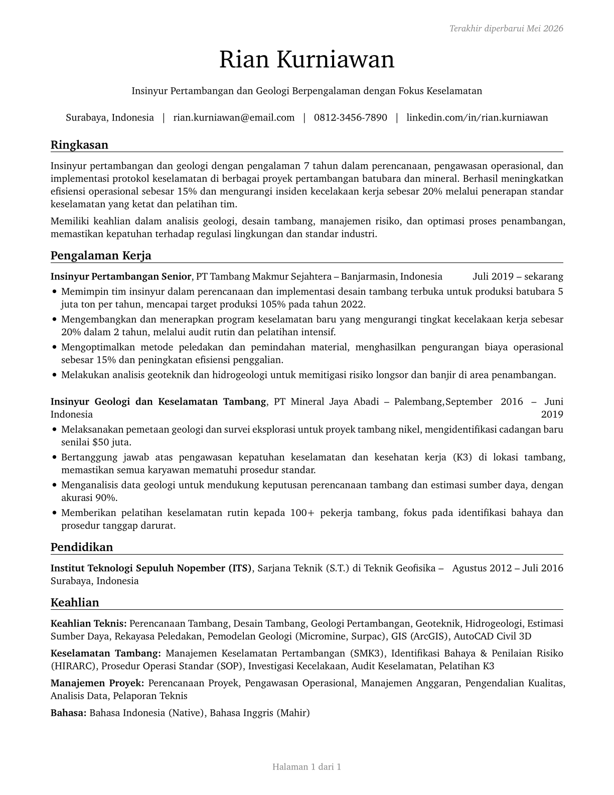 Mining and Geological Engineers, Including Mining Safety Engineers CV in Indonesian — page 1