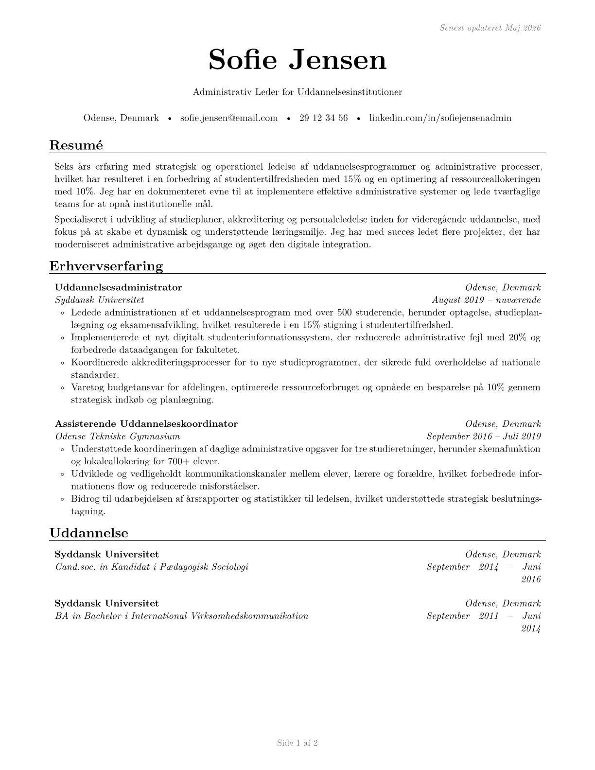 Education Administrators, All Other CV in Danish — page 1