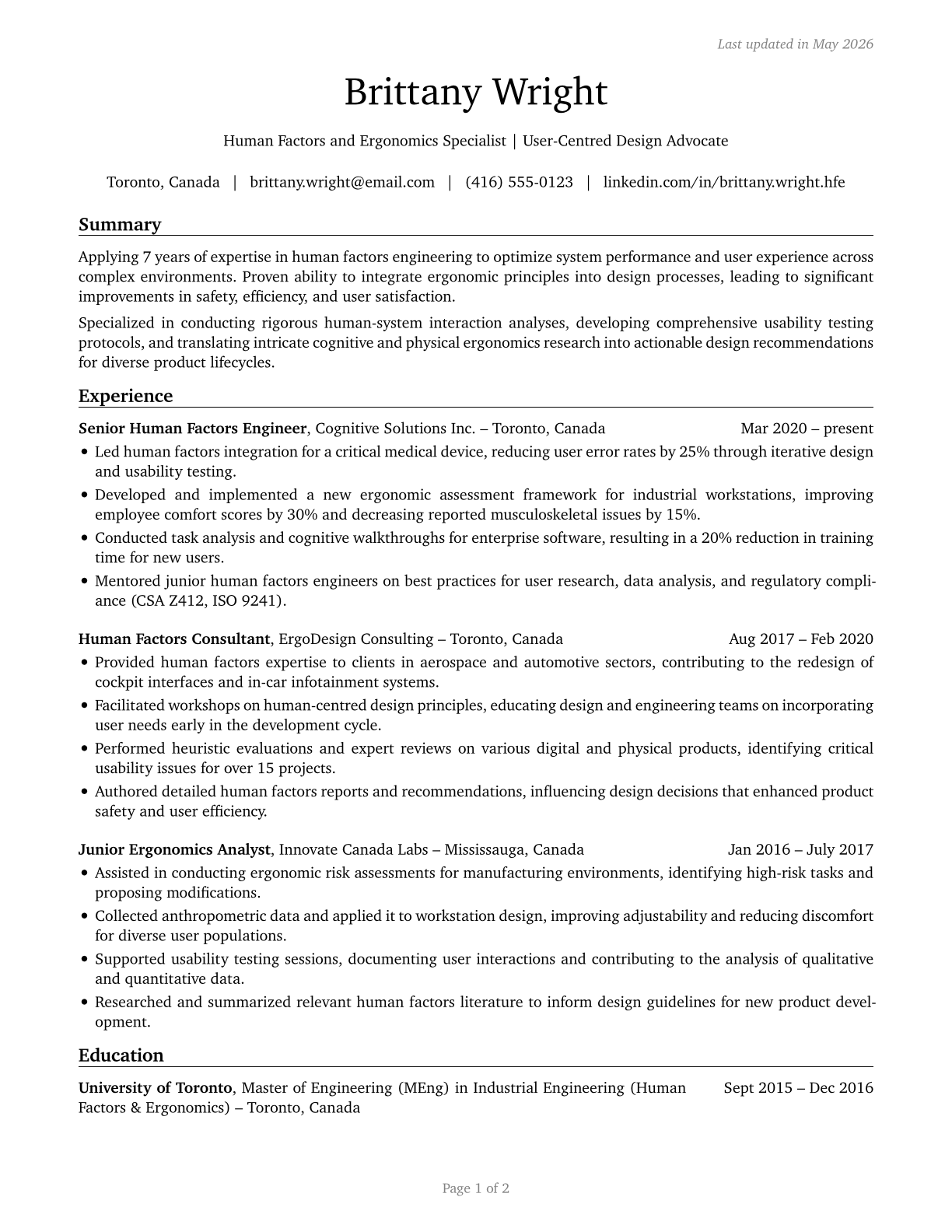 Human Factors Engineers and Ergonomists CV in English — page 1