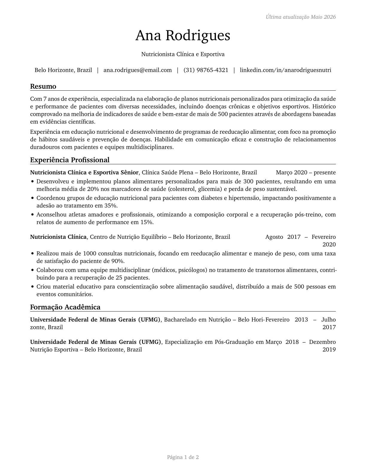 Dietitians and Nutritionists CV in Portuguese — page 1