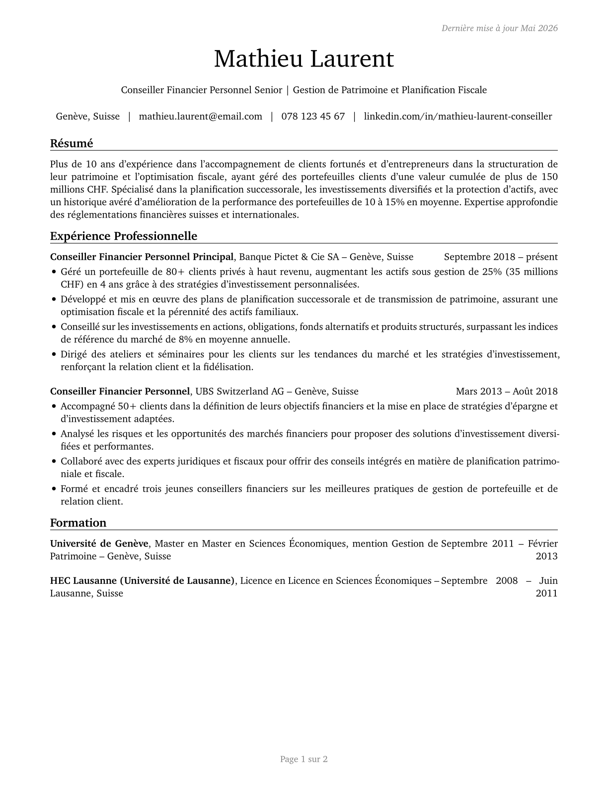Personal Financial Advisors CV in French — page 1