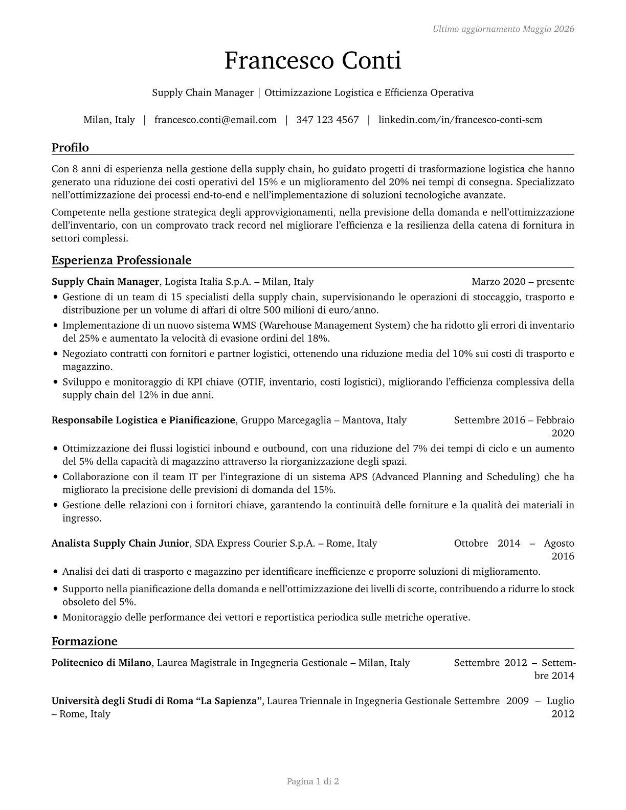 Supply Chain Managers CV in Italian — page 1