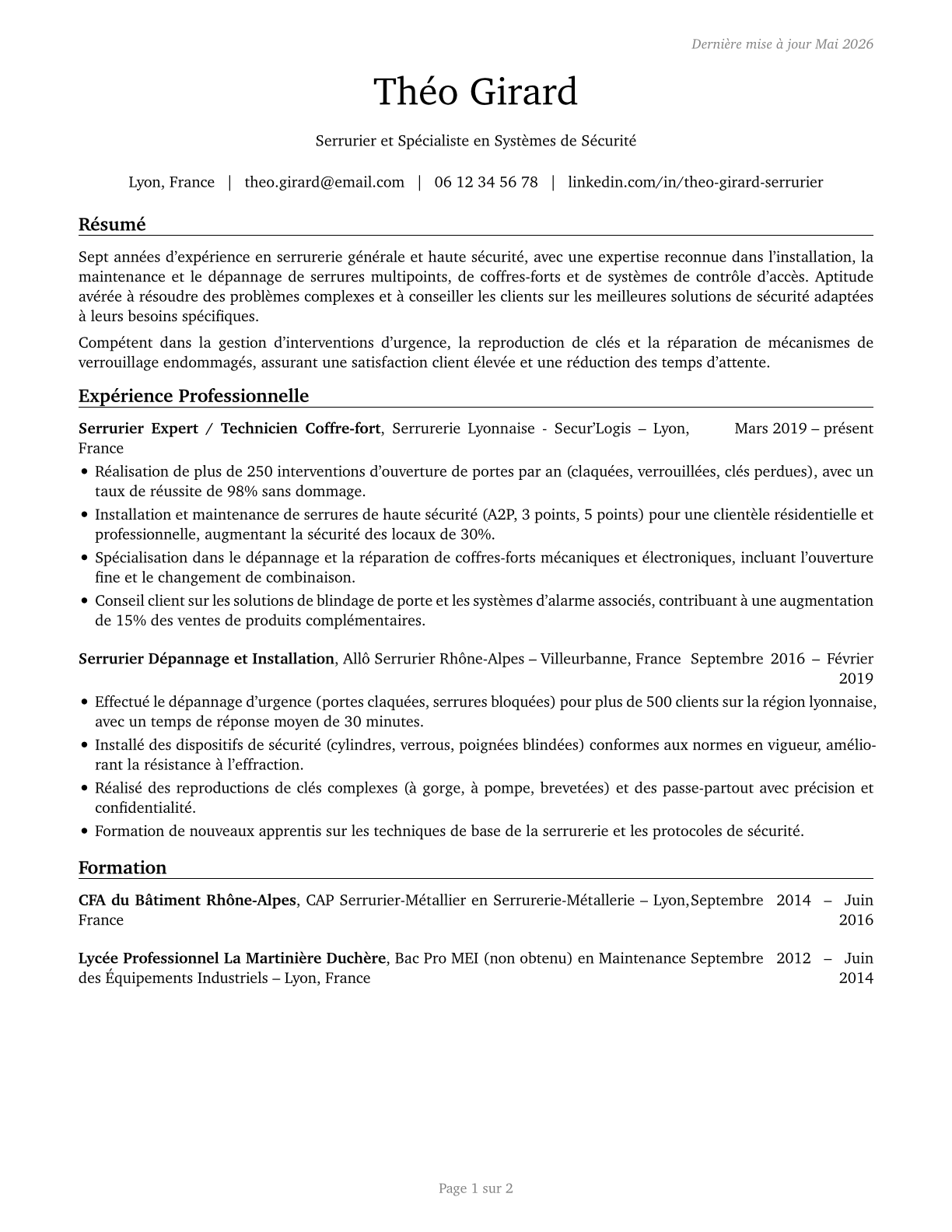 Locksmiths and Safe Repairers CV in French — page 1