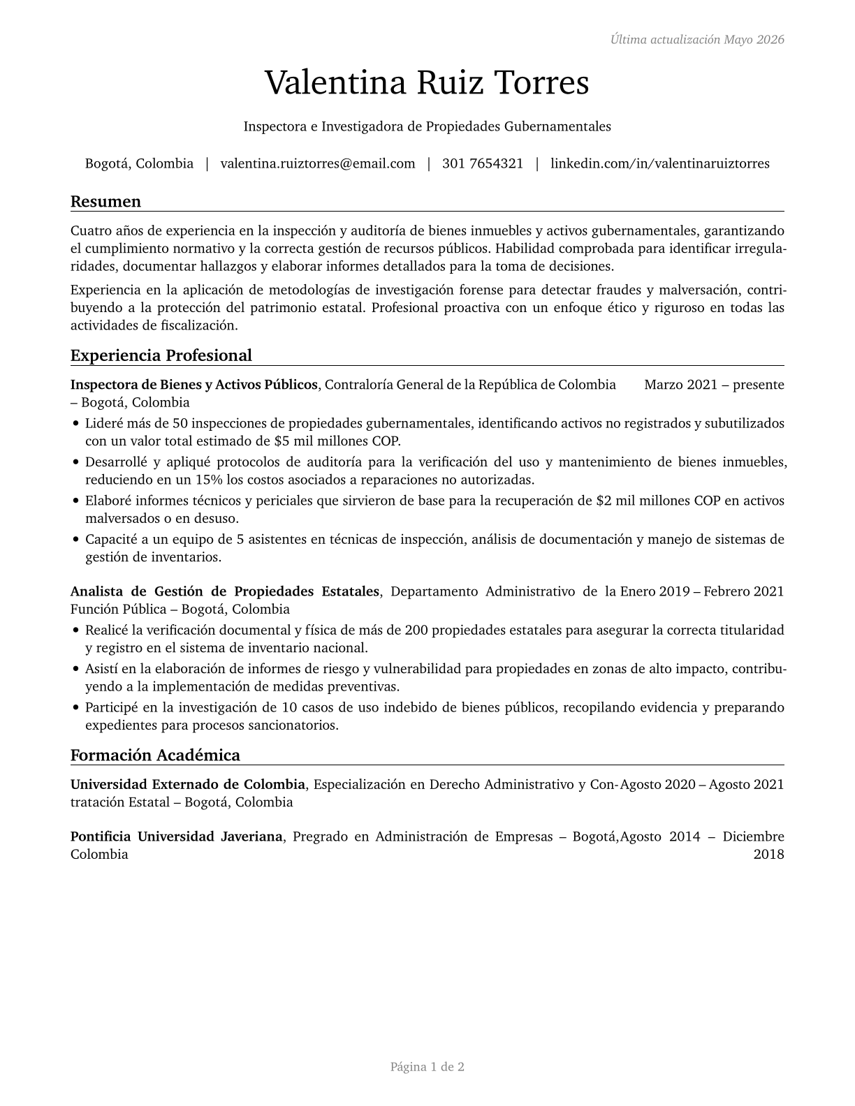 Government Property Inspectors and Investigators CV in Spanish — page 1