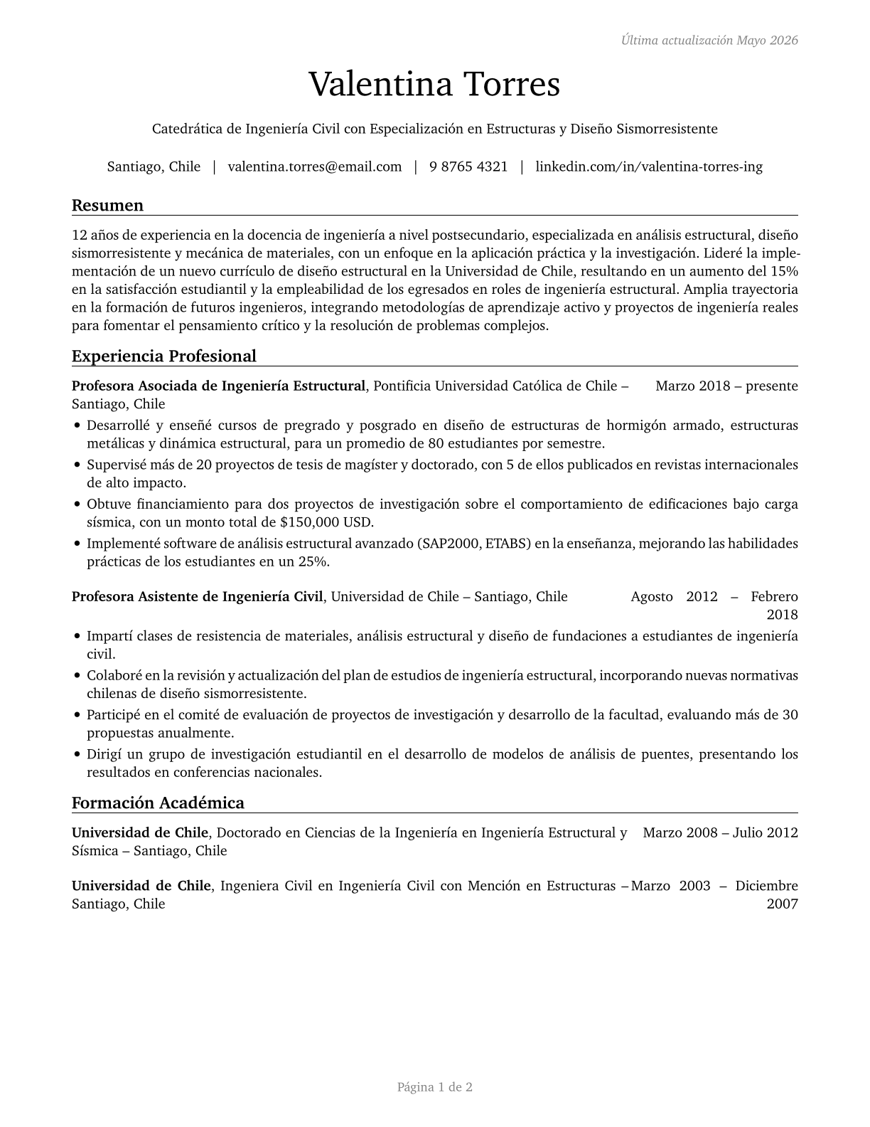 Engineering Teachers, Postsecondary CV in Spanish — page 1