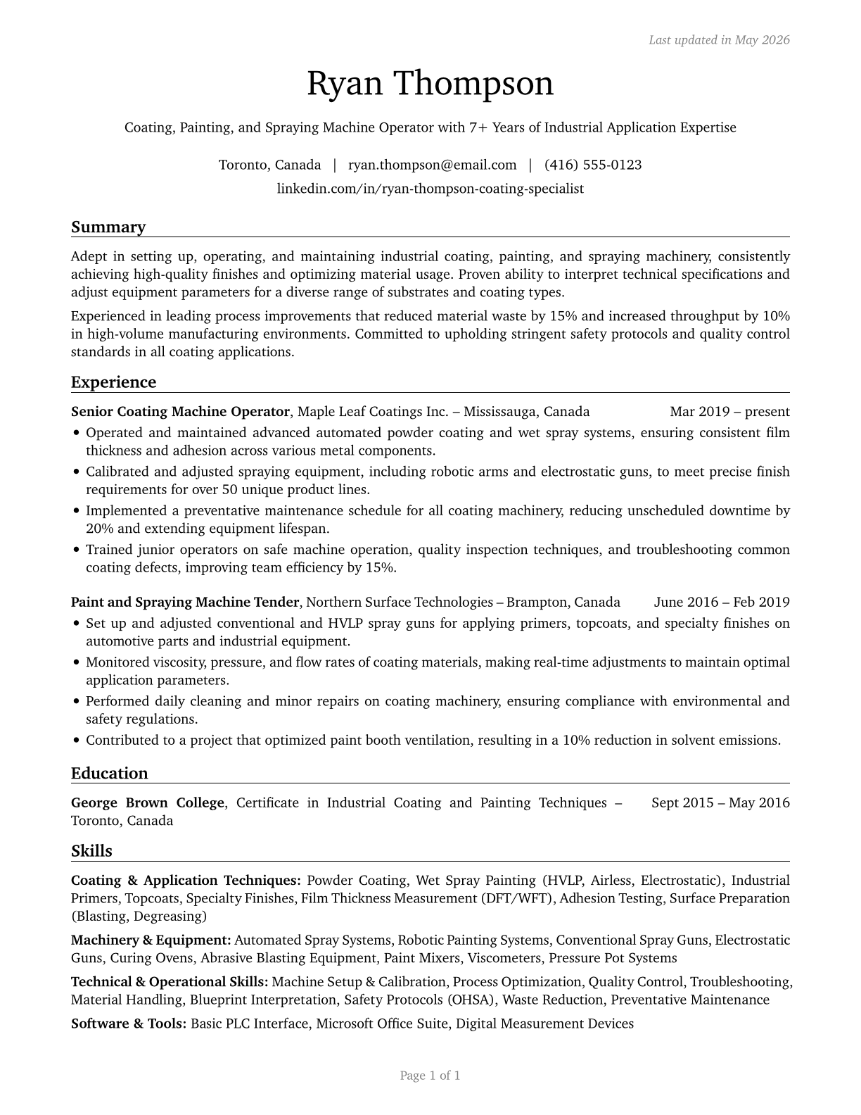 Coating, Painting, and Spraying Machine Setters, Operators, and Tenders CV in English — page 1