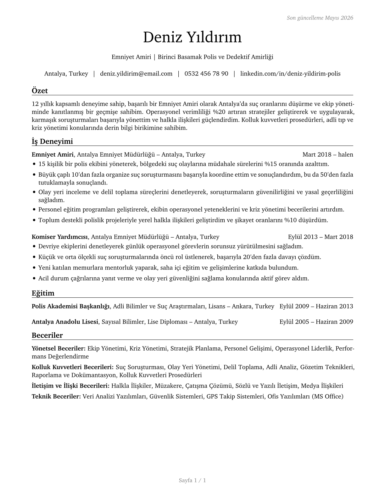 First-Line Supervisors of Police and Detectives CV in Turkish — page 1