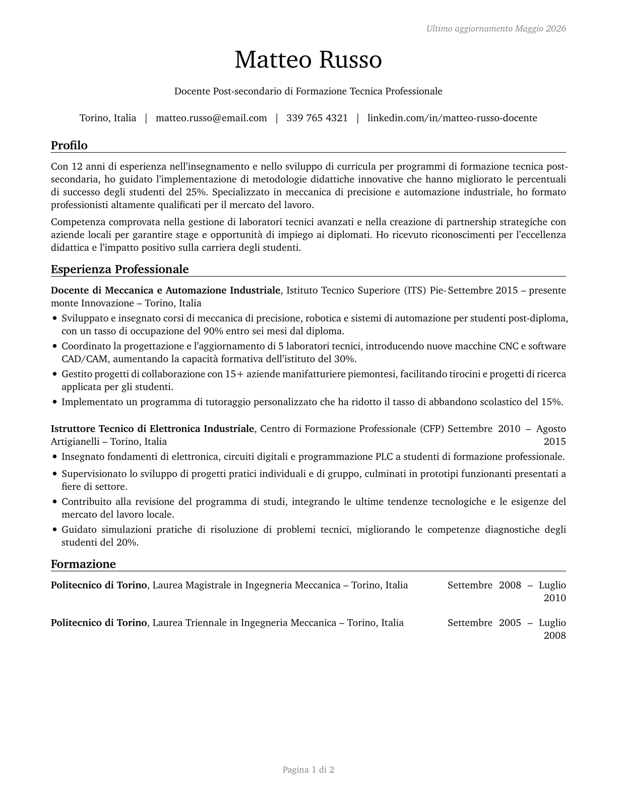 Career/Technical Education Teachers, Postsecondary CV in Italian — page 1