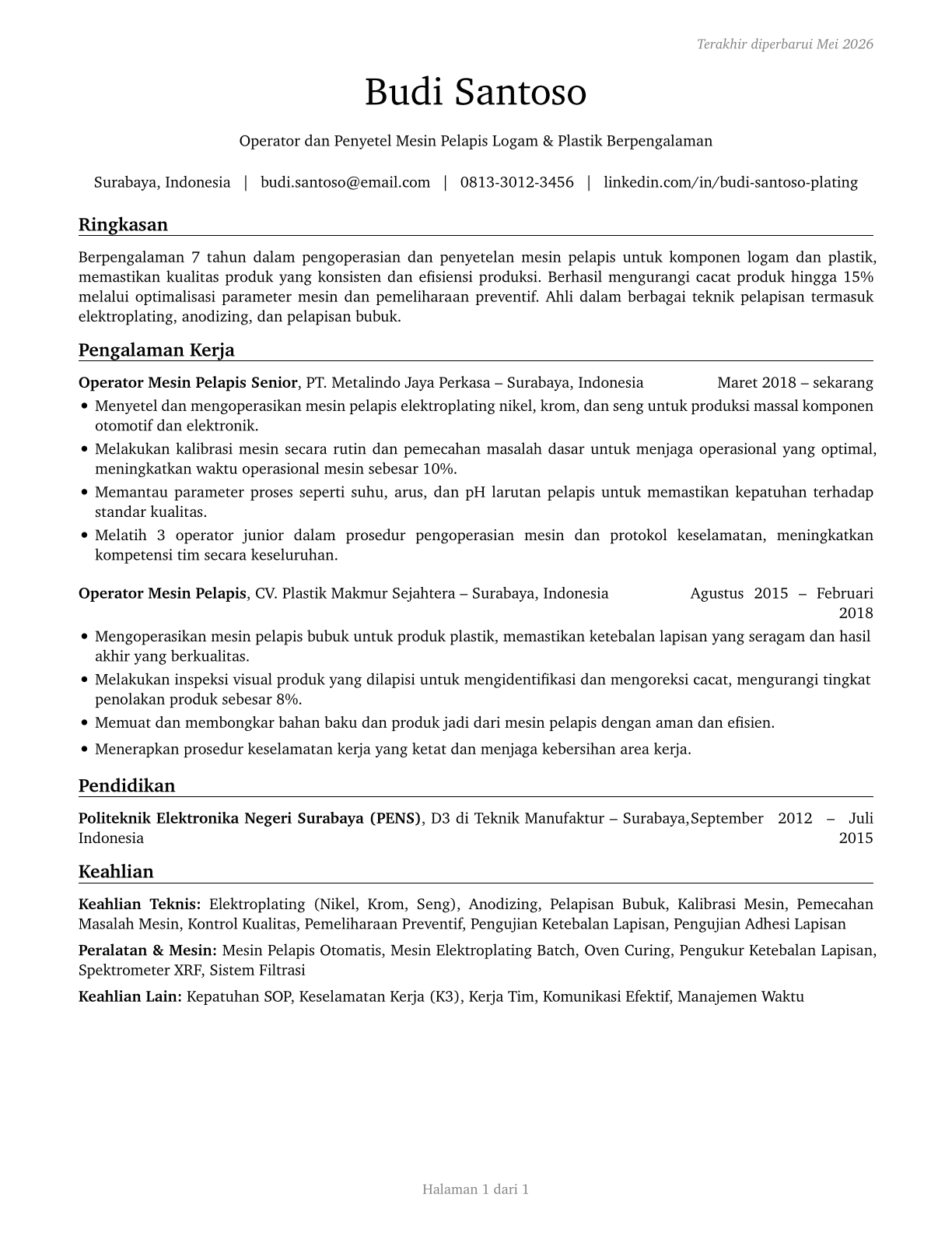 Plating Machine Setters, Operators, and Tenders, Metal and Plastic CV in Indonesian — page 1
