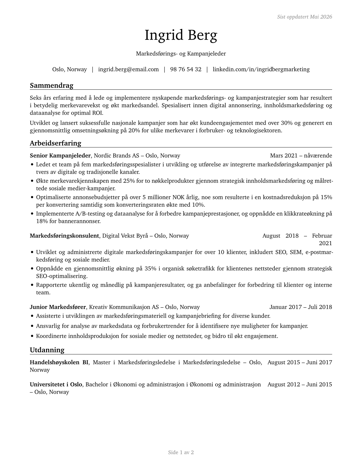 Advertising and Promotions Managers CV in Norwegian_bokmal — page 1