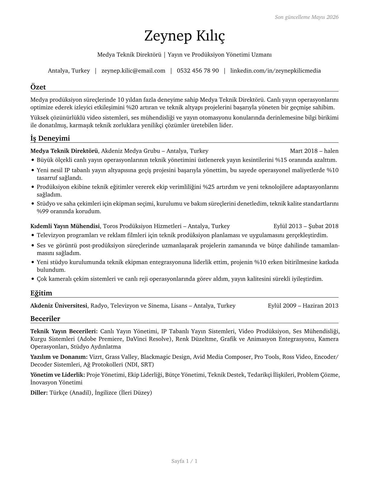 Media Technical Directors/Managers CV in Turkish — page 1