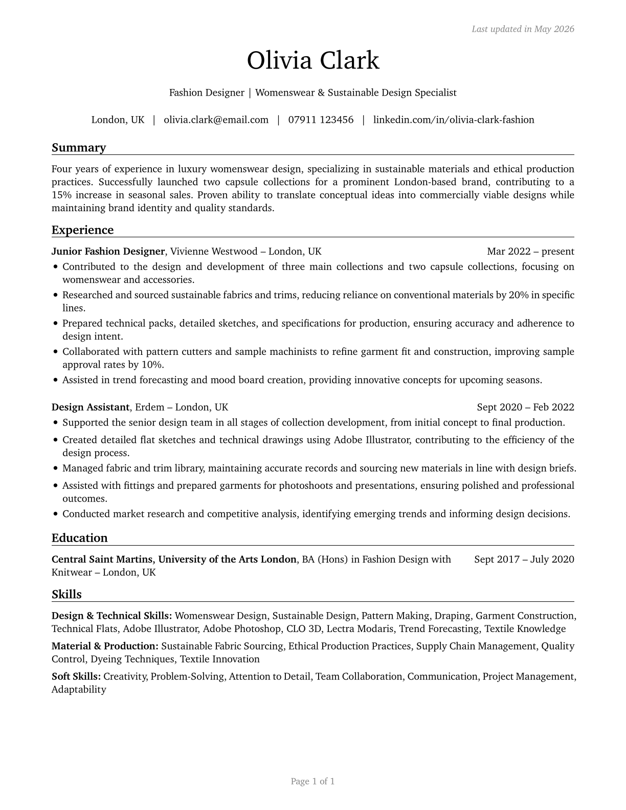 Fashion Designers CV in English — page 1