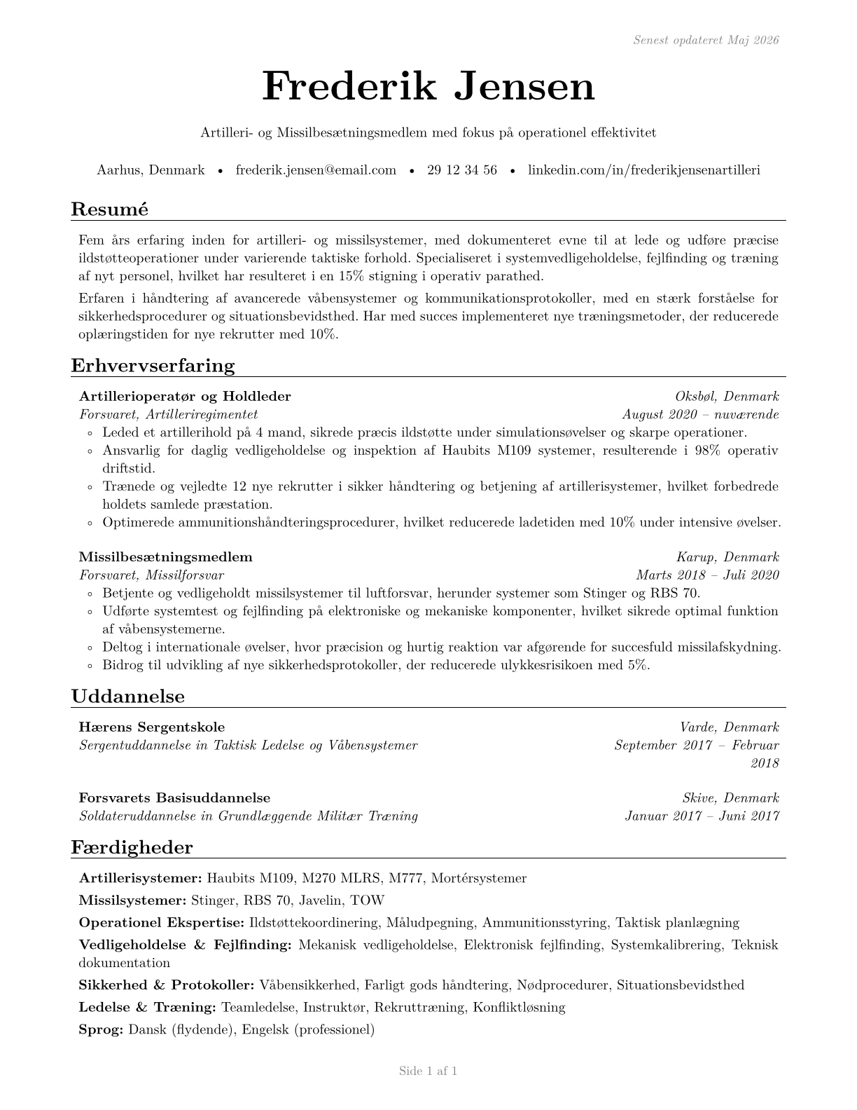 Artillery and Missile Crew Members CV in Danish — page 1