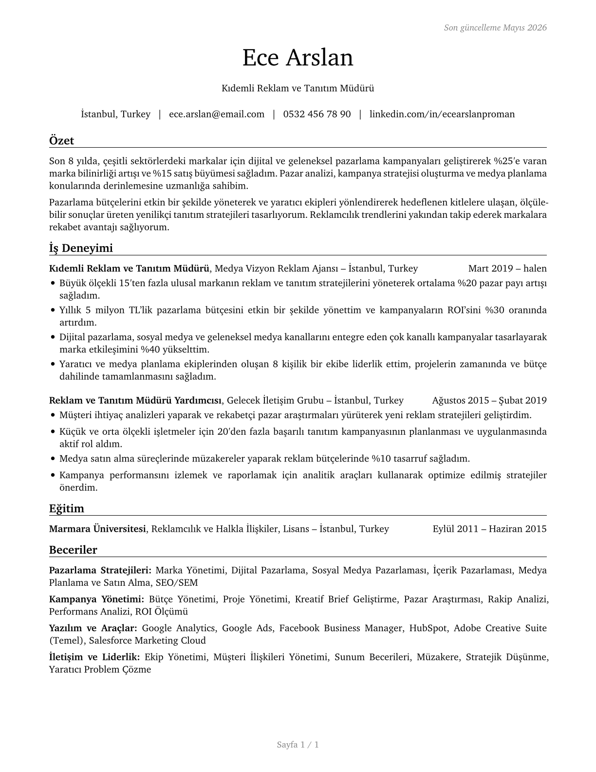 Advertising and Promotions Managers CV in Turkish — page 1