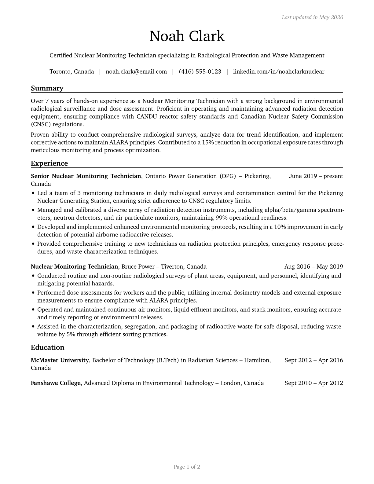 Nuclear Monitoring Technicians CV in English — page 1