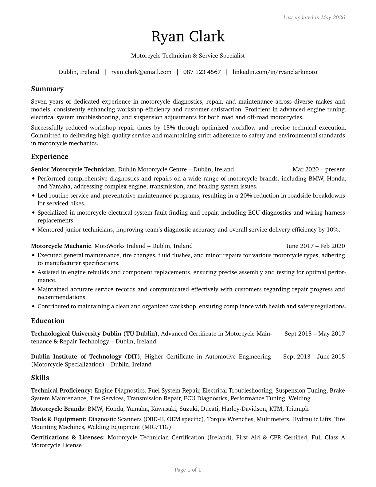 Motorcycle Mechanics CV in English — page 1