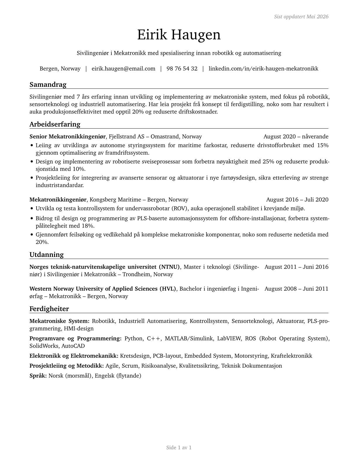 Mechatronics Engineers CV in Norwegian_nynorsk — page 1