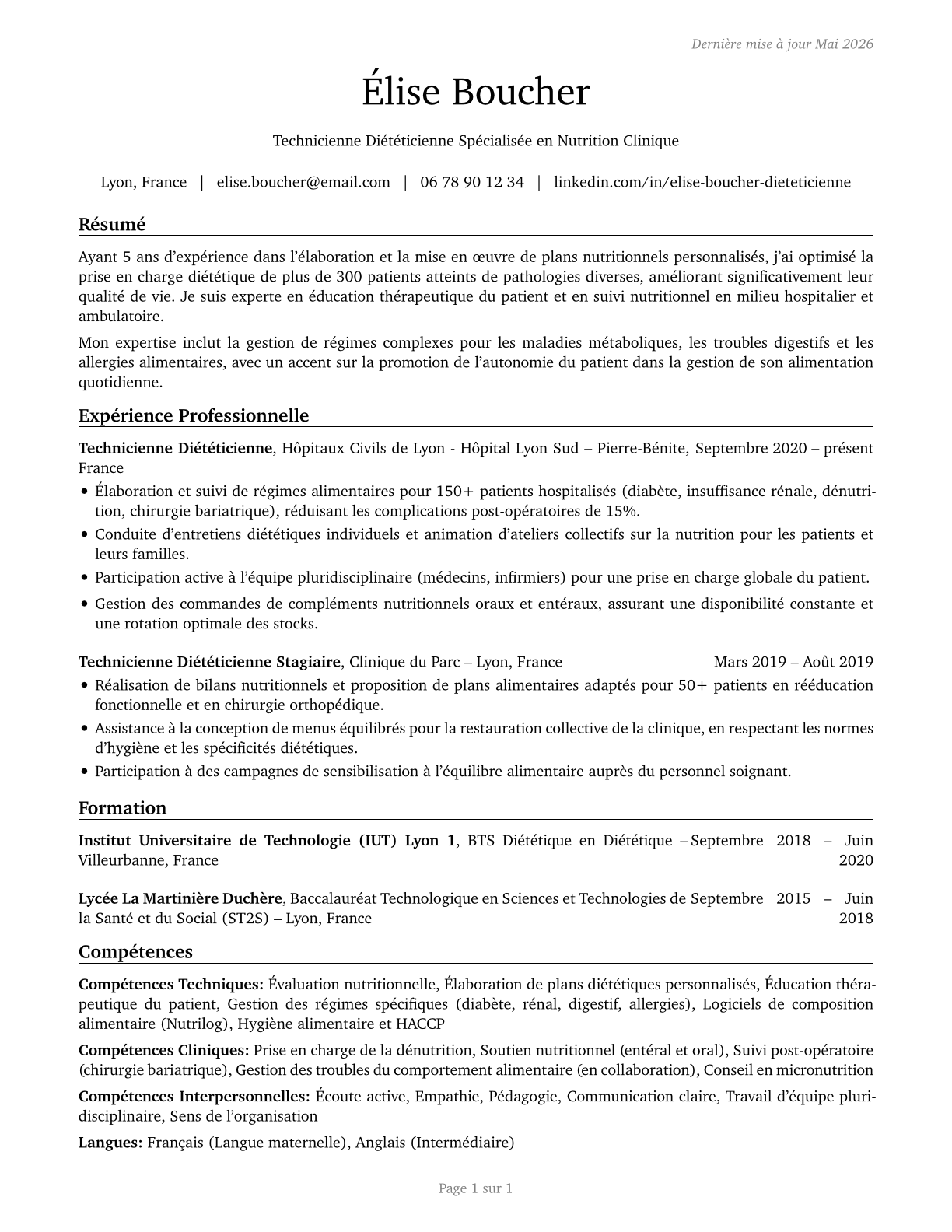 Dietetic Technicians CV in French — page 1