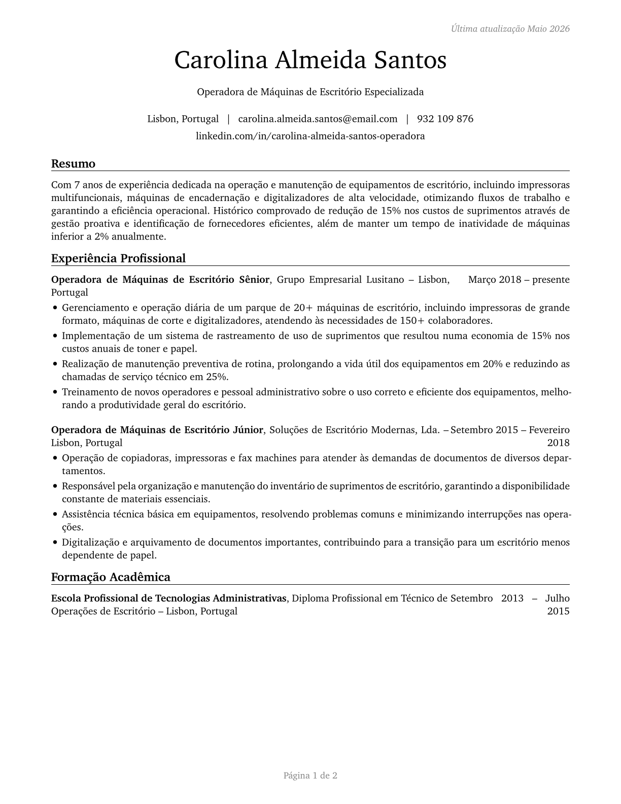 Office Machine Operators, Except Computer CV in Portuguese — page 1