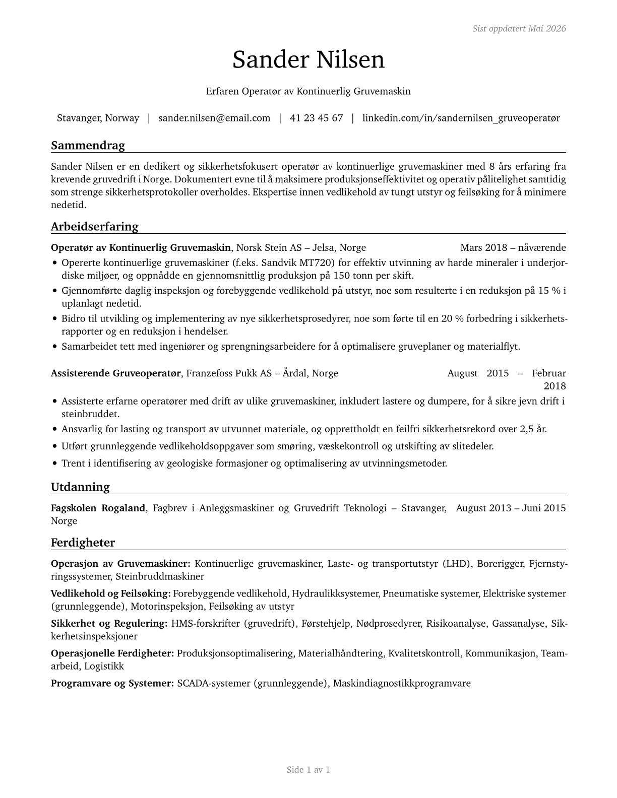 Continuous Mining Machine Operators CV in Norwegian_bokmal — page 1