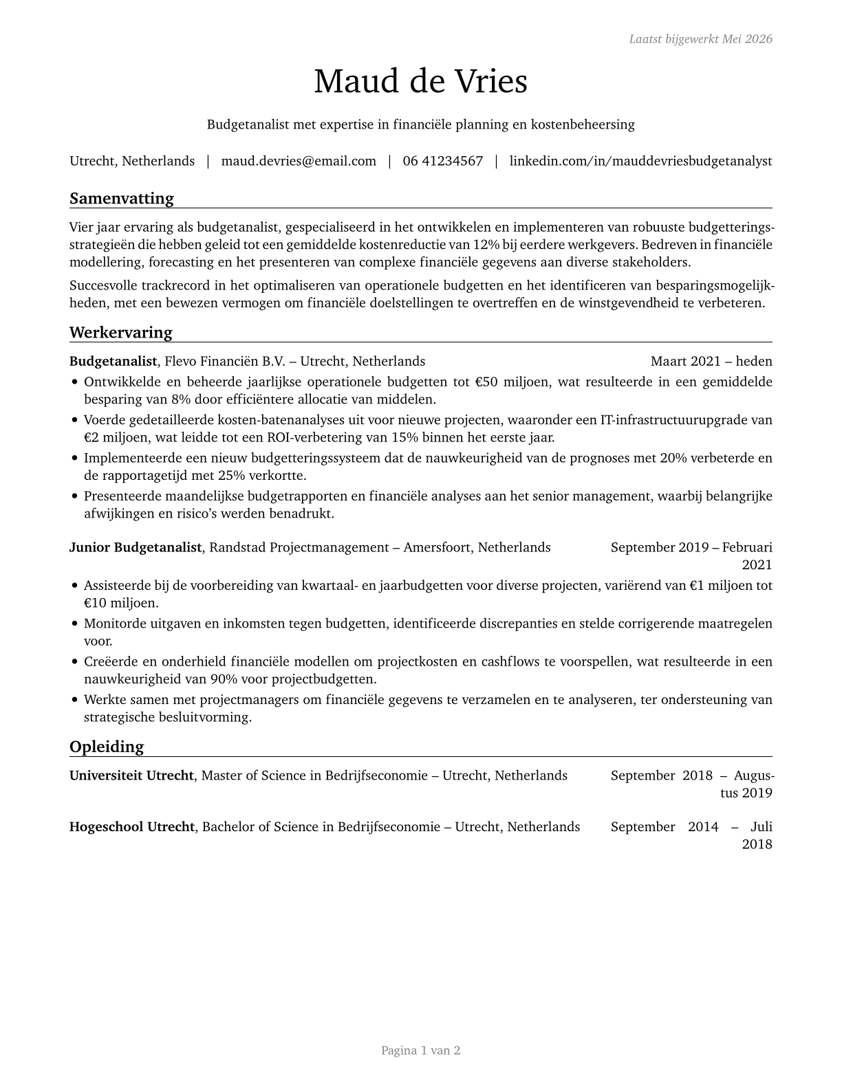 Budget Analysts CV in Dutch — page 1