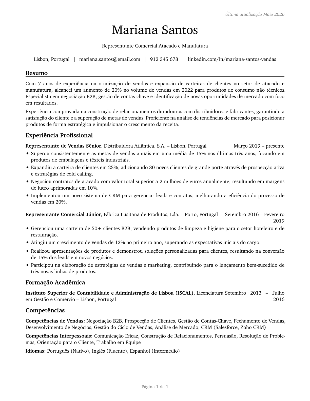 Sales Representatives, Wholesale and Manufacturing, Except Technical and Scientific Products CV in Portuguese — page 1
