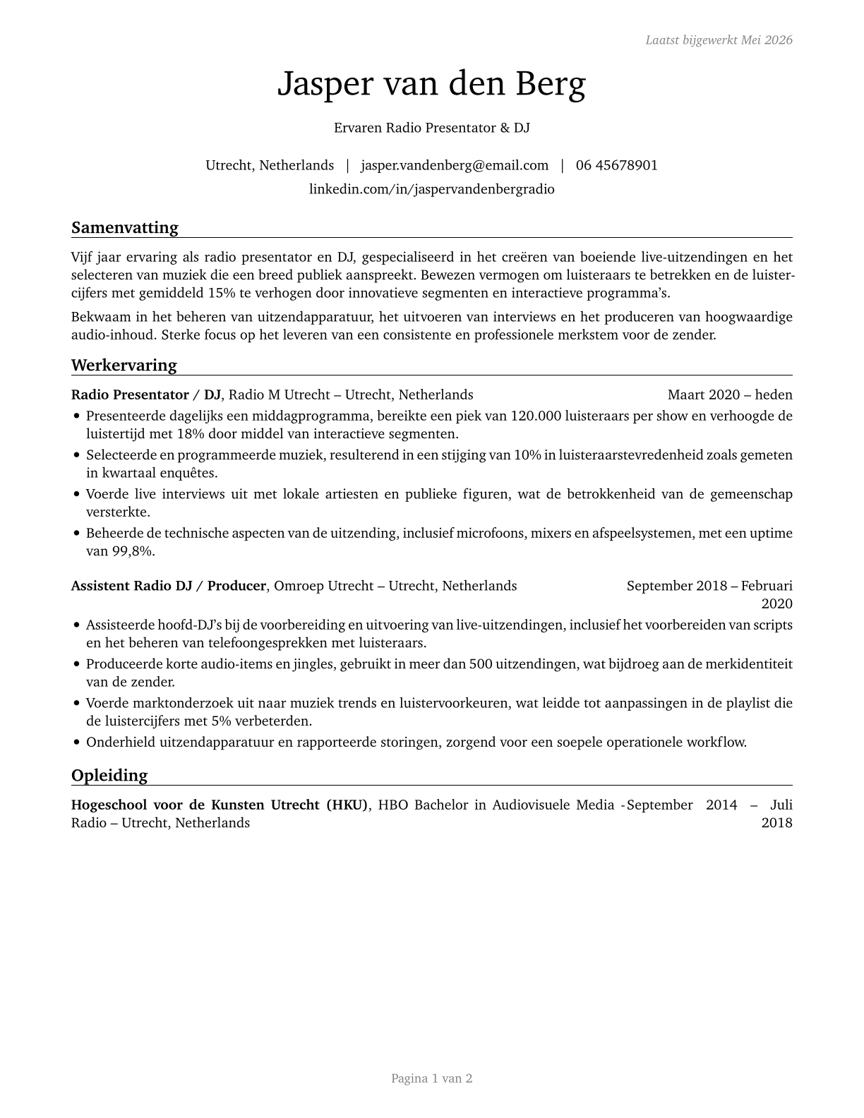 Broadcast Announcers and Radio Disc Jockeys CV in Dutch — page 1