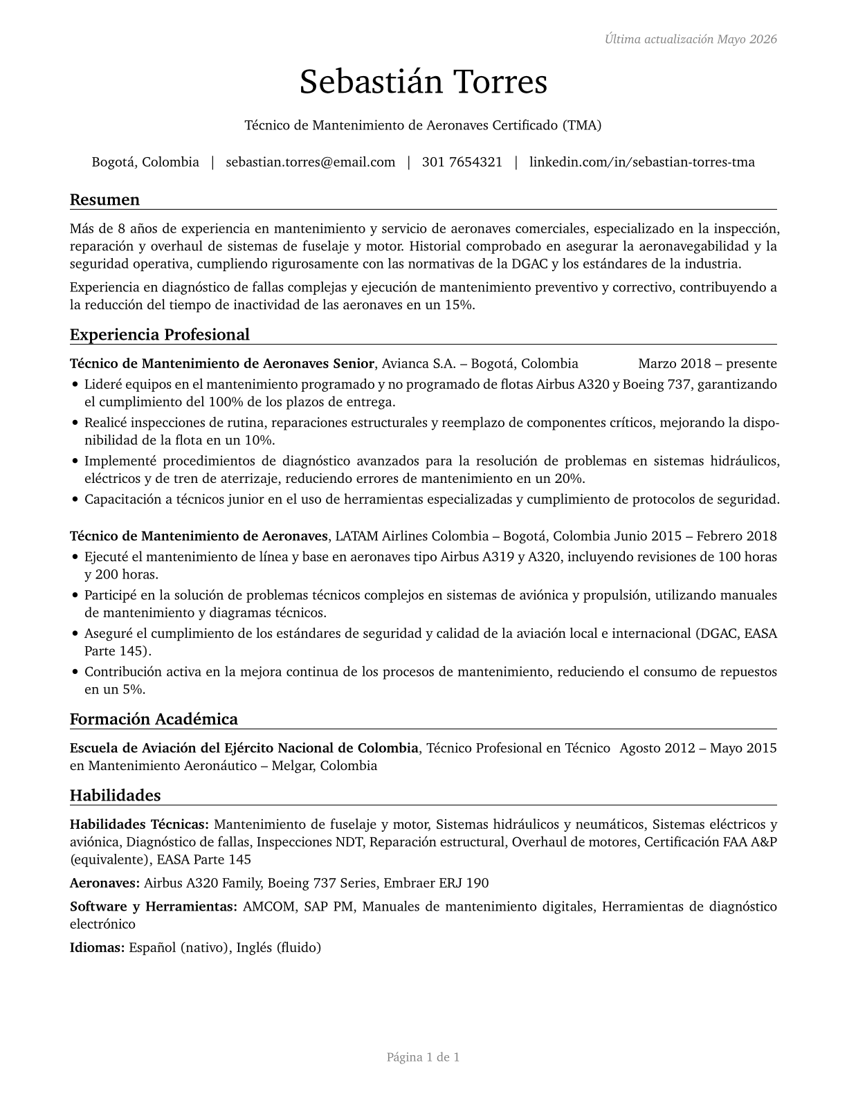 Aircraft Mechanics and Service Technicians CV in Spanish — page 1