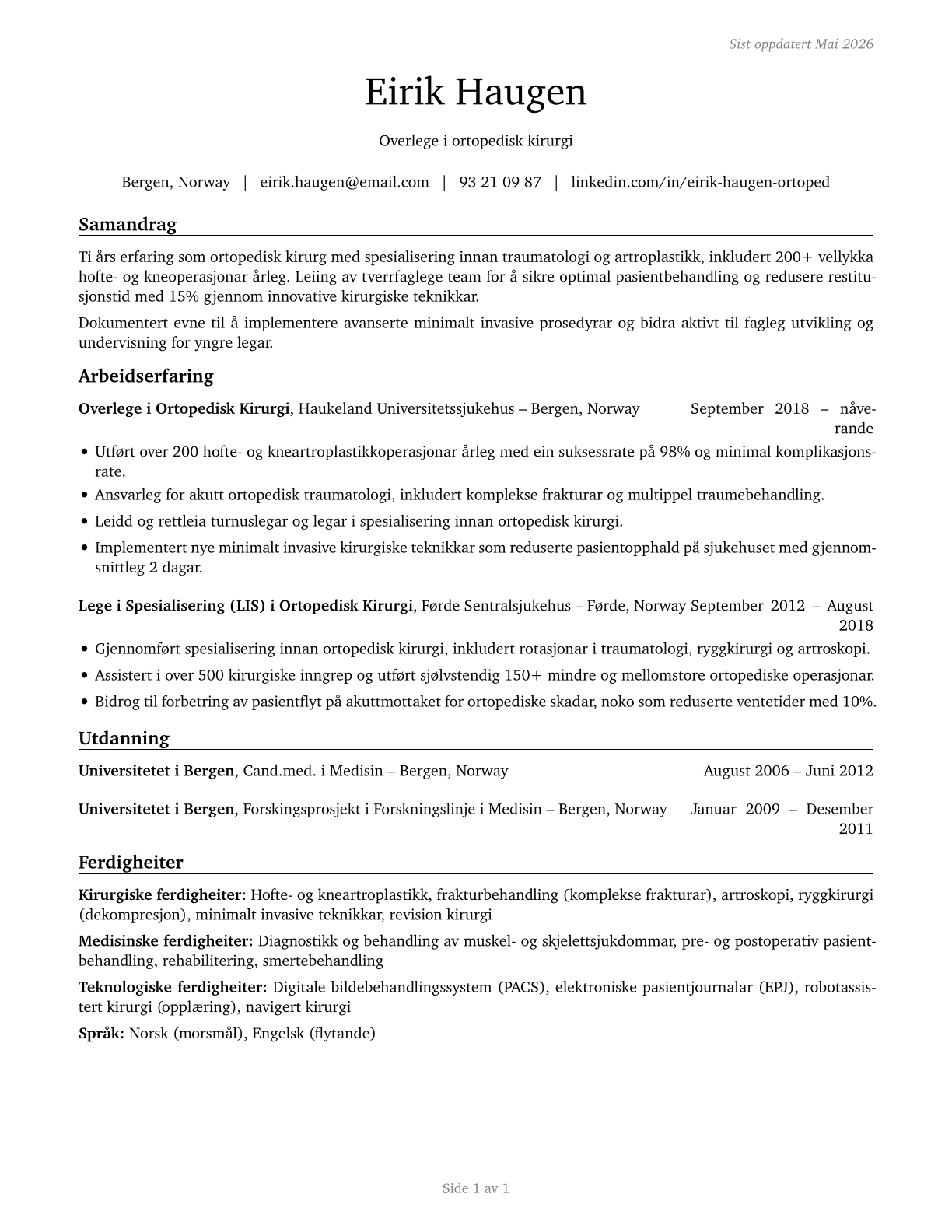 Orthopedic Surgeons, Except Pediatric CV in Norwegian_nynorsk — page 1