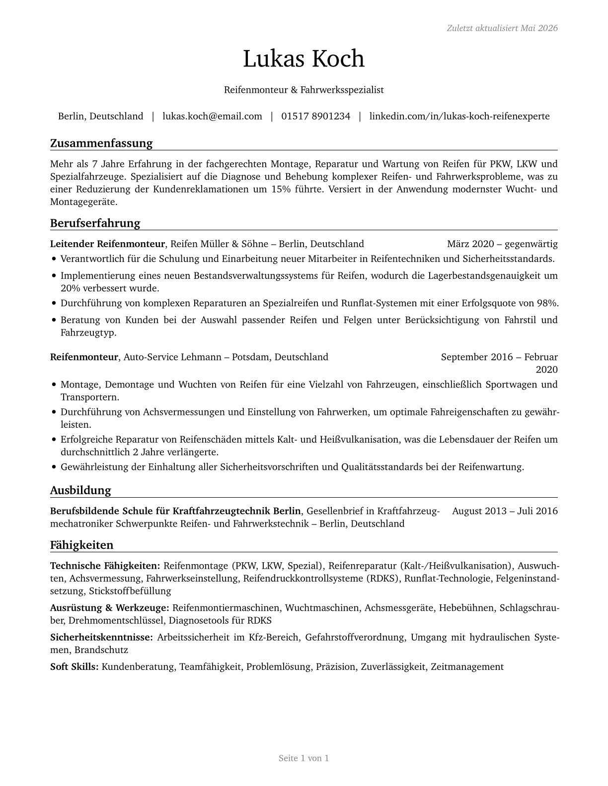 Tire Repairers and Changers CV in German — page 1