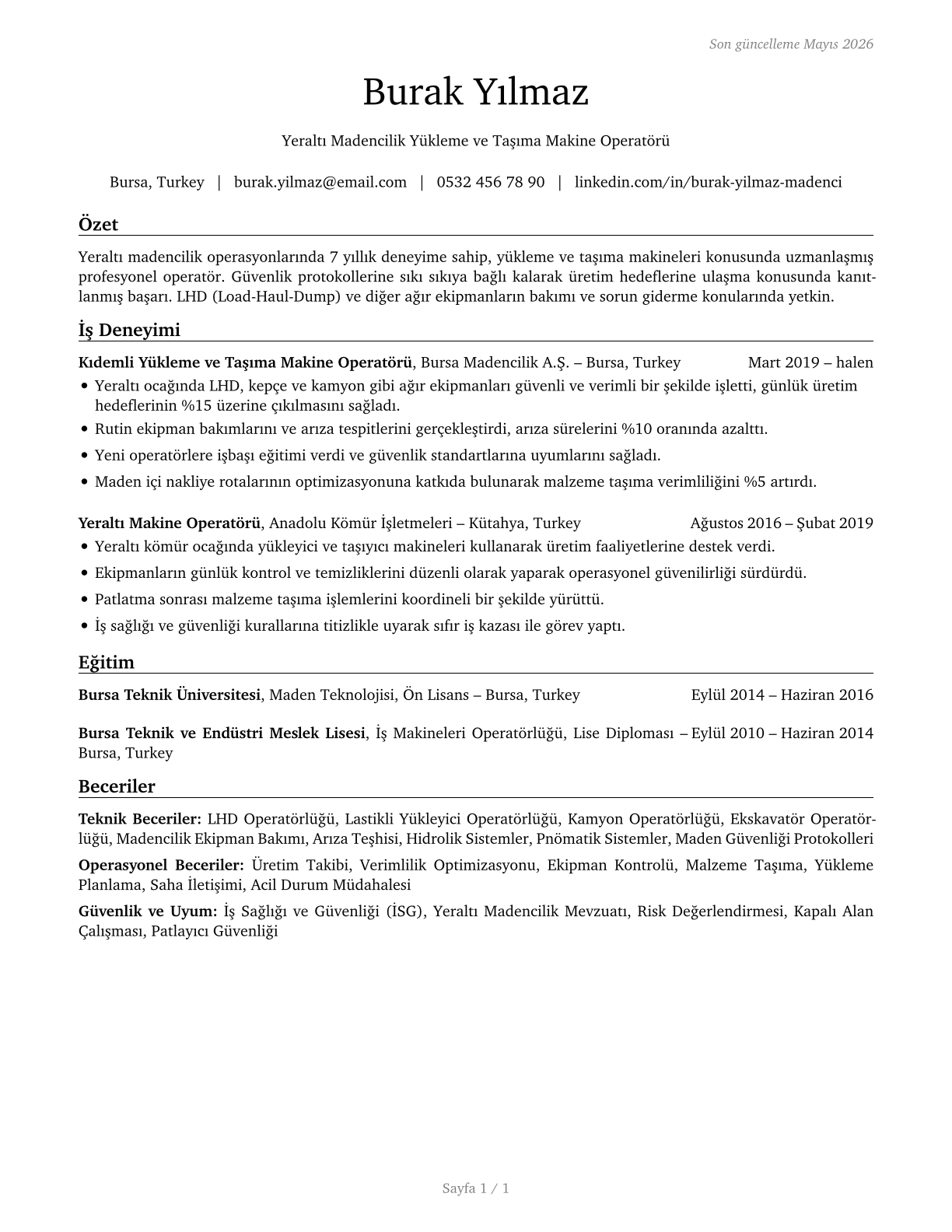 Loading and Moving Machine Operators, Underground Mining CV in Turkish — page 1
