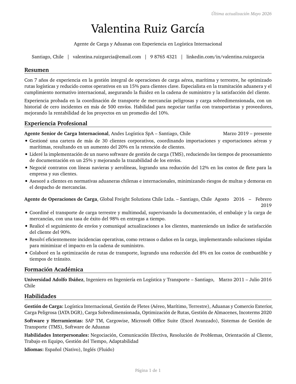 Cargo and Freight Agents CV in Spanish — page 1