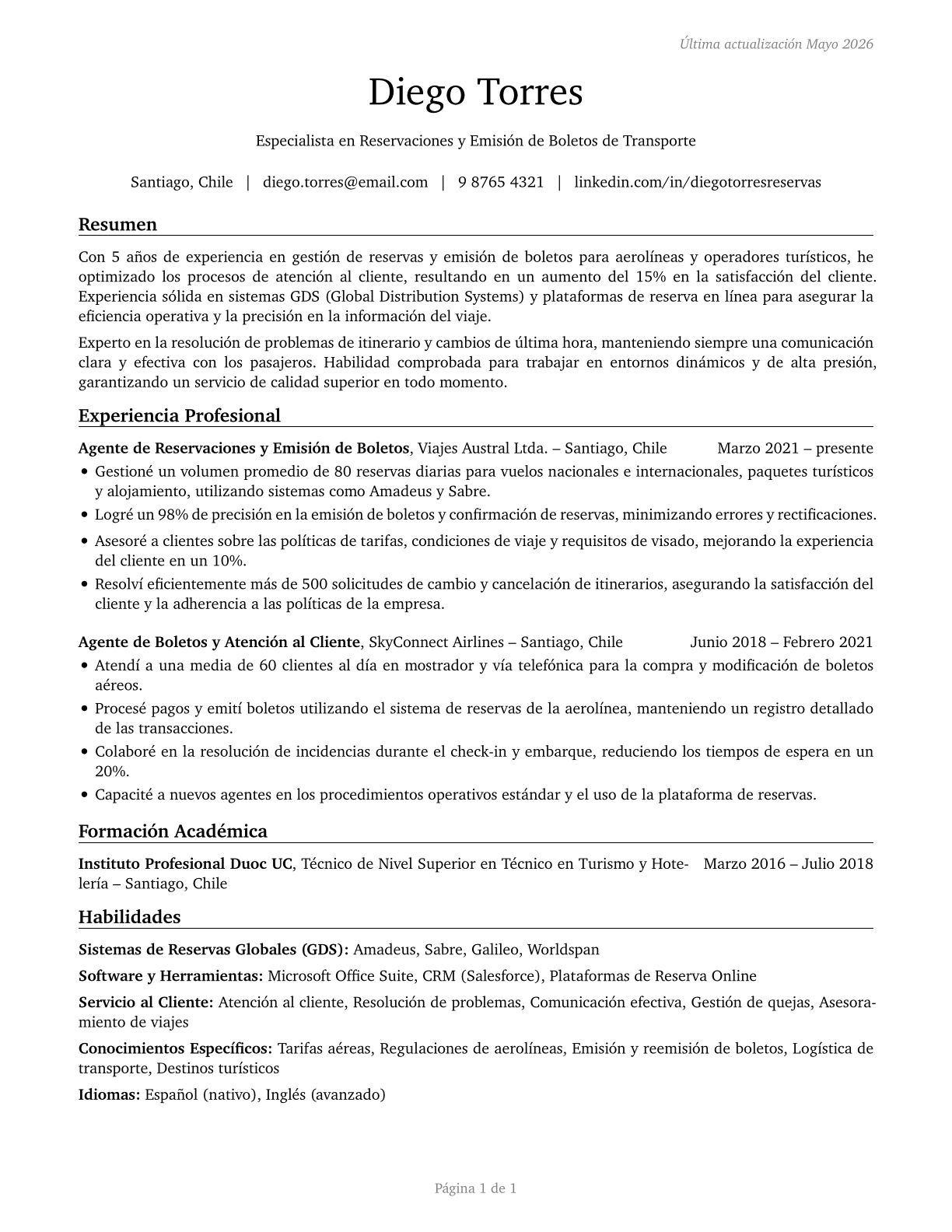 Reservation and Transportation Ticket Agents and Travel Clerks CV in Spanish — page 1