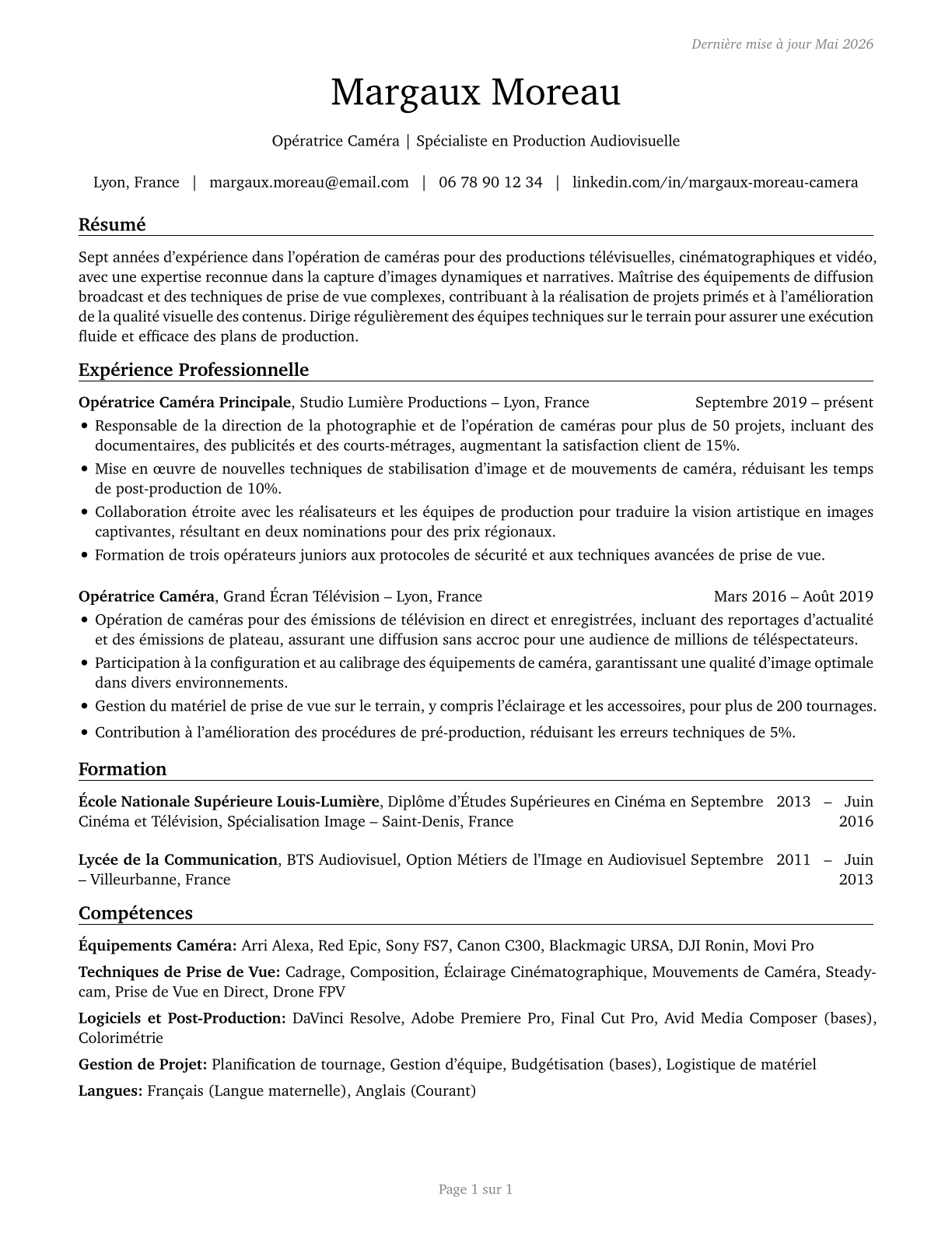 Camera Operators, Television, Video, and Film CV in French — page 1
