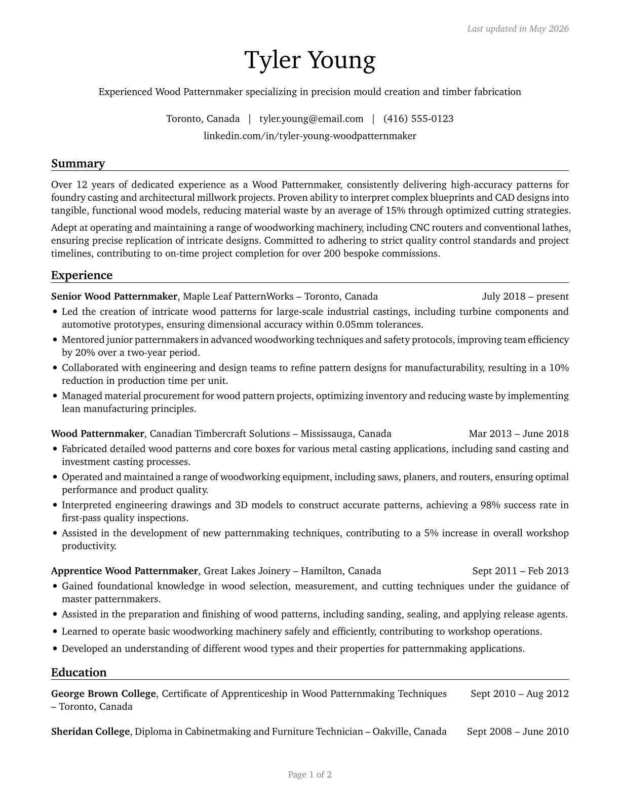 Patternmakers, Wood CV in English — page 1