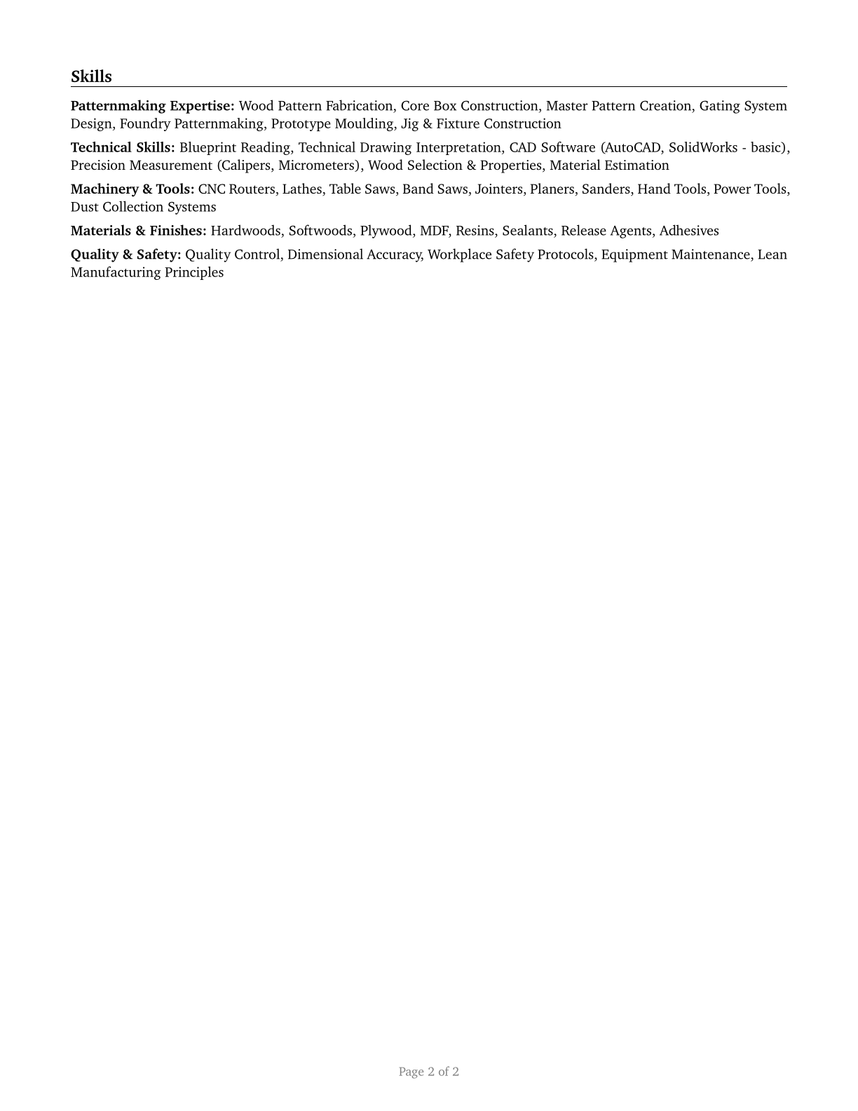 Patternmakers, Wood CV in English — page 2