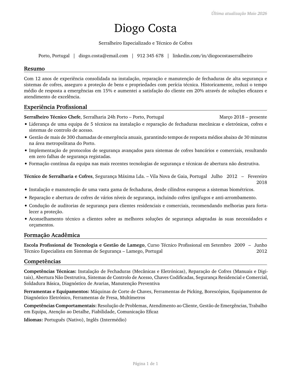 Locksmiths and Safe Repairers CV in Portuguese — page 1