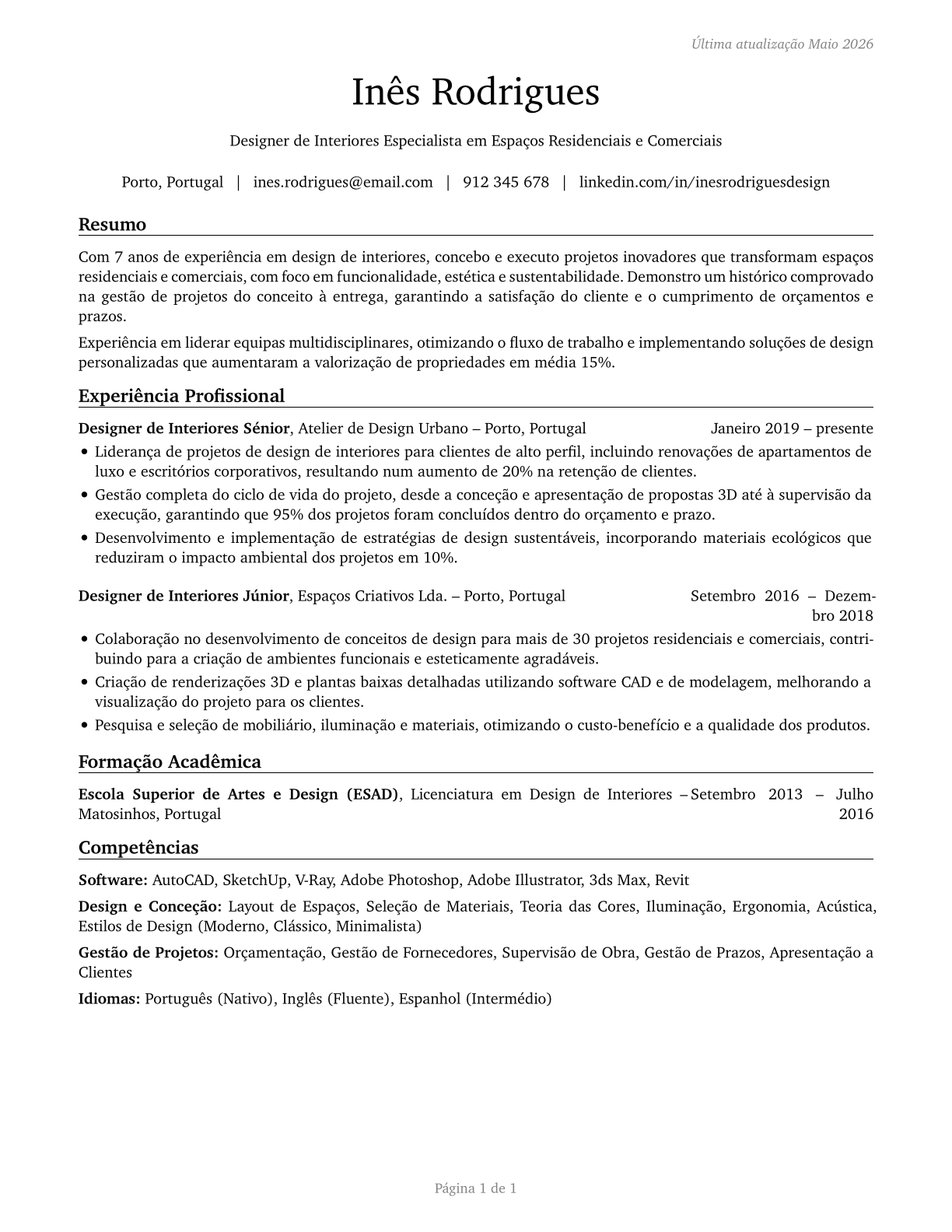 Interior Designers CV in Portuguese — page 1