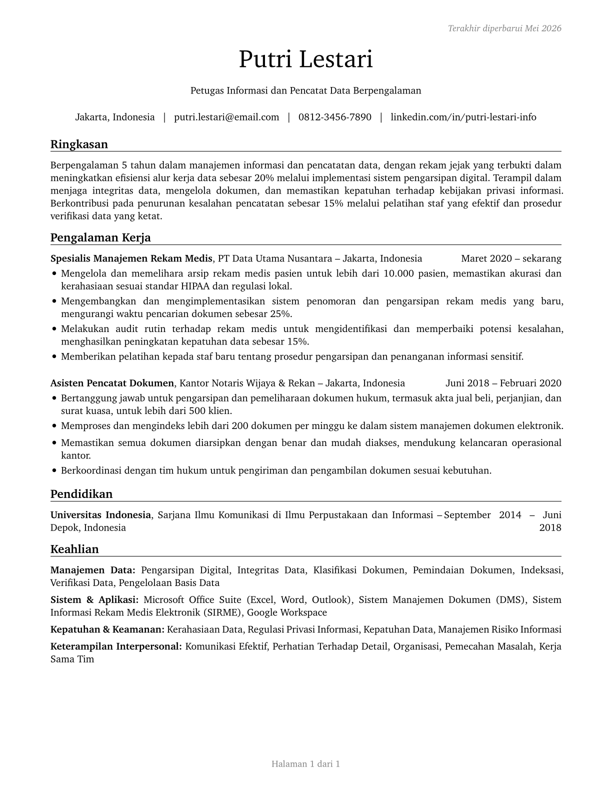 Information and Record Clerks, All Other CV in Indonesian — page 1