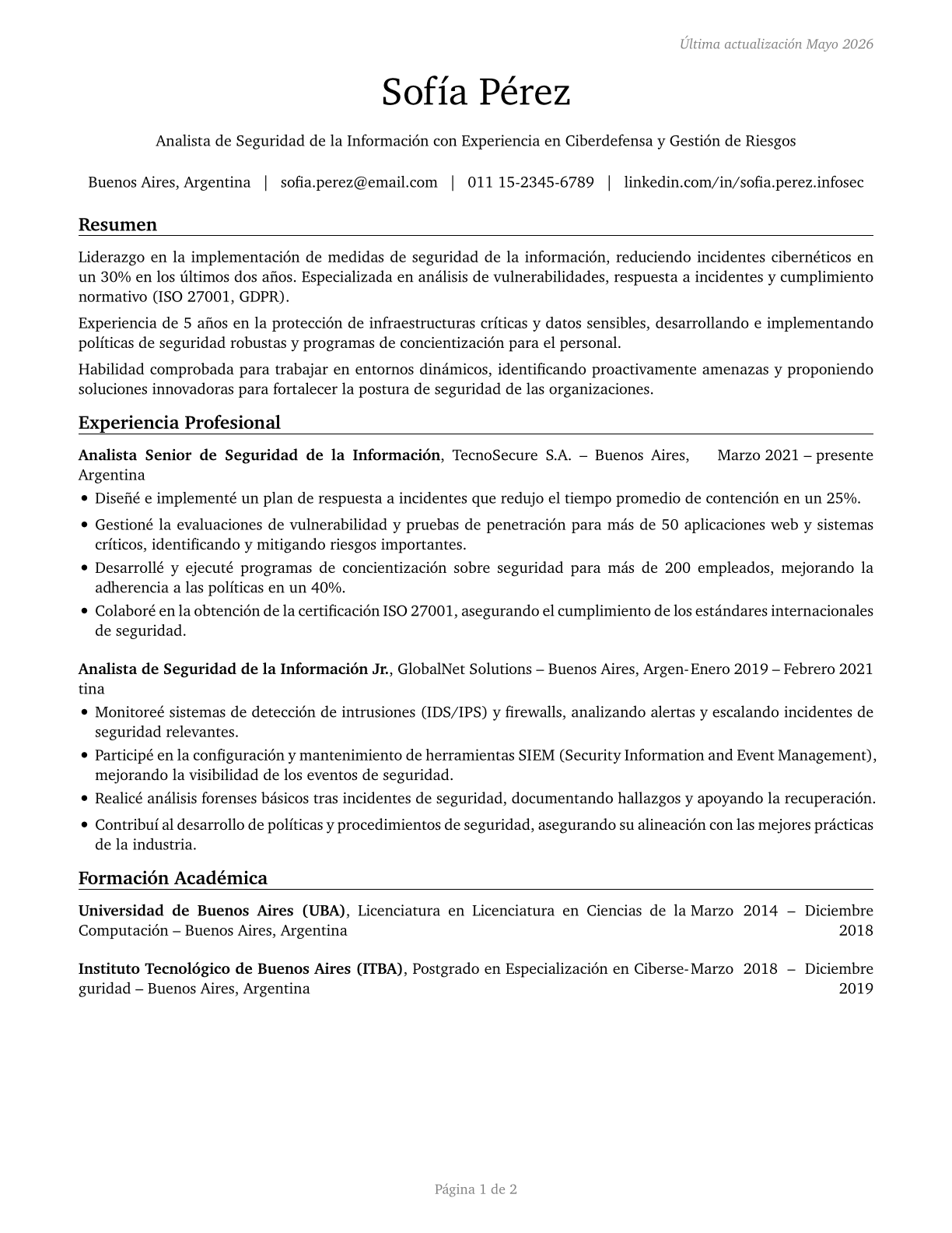 Information Security Analysts CV in Spanish — page 1
