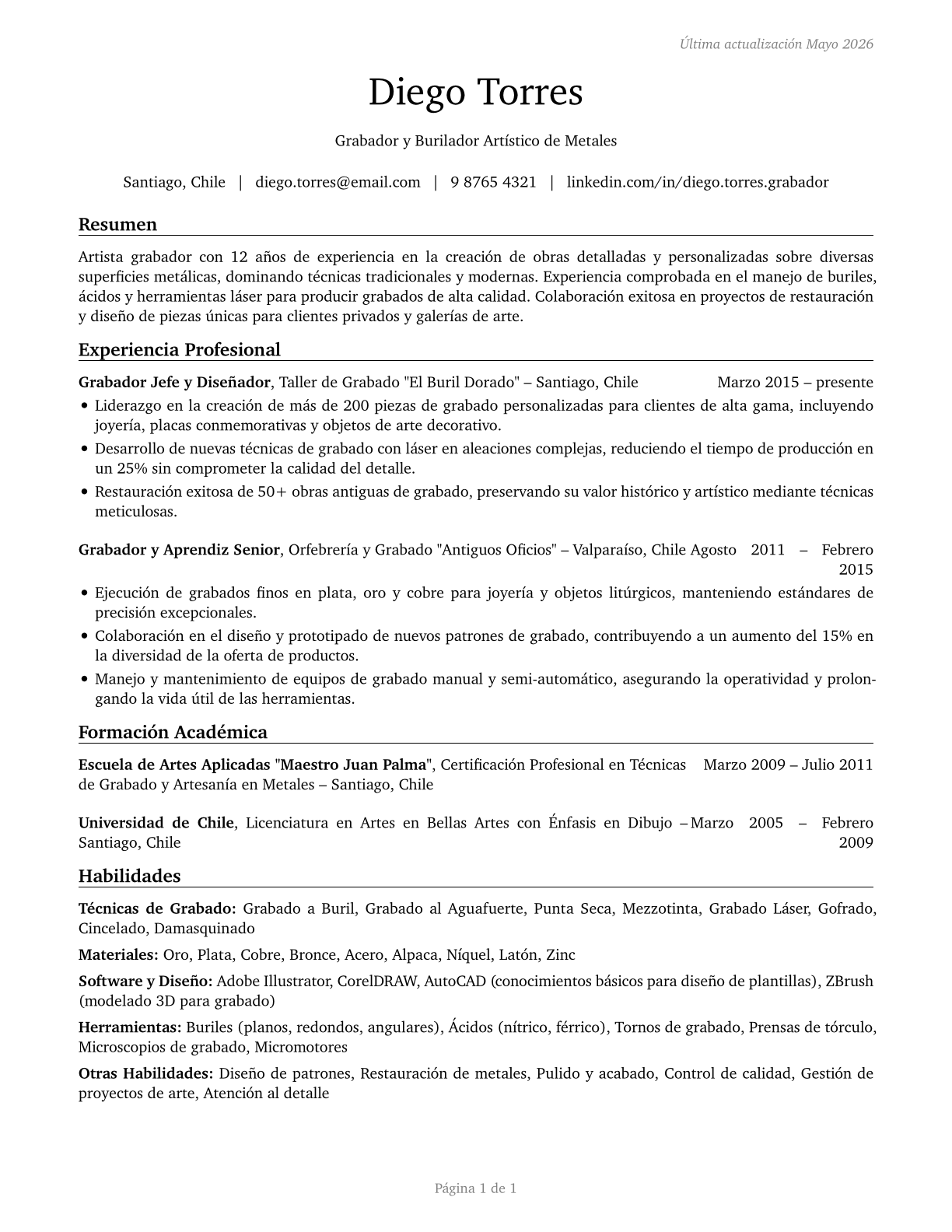 Etchers and Engravers CV in Spanish — page 1