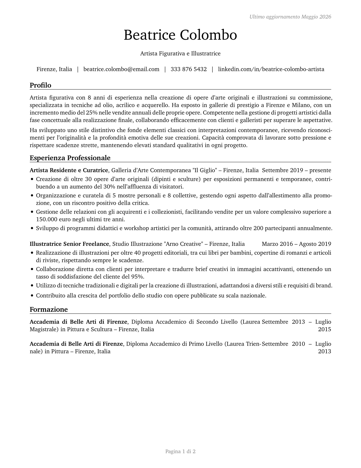 Fine Artists, Including Painters, Sculptors, and Illustrators CV in Italian — page 1