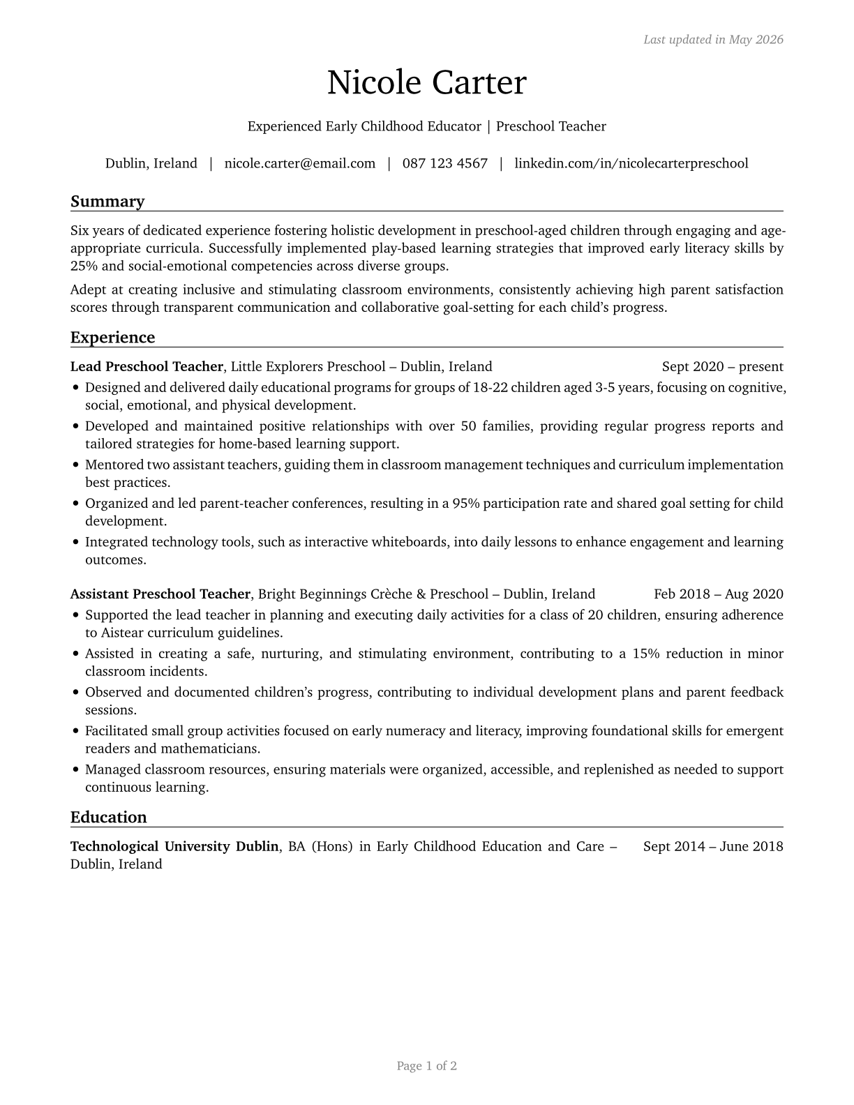 Preschool Teachers, Except Special Education CV in English — page 1