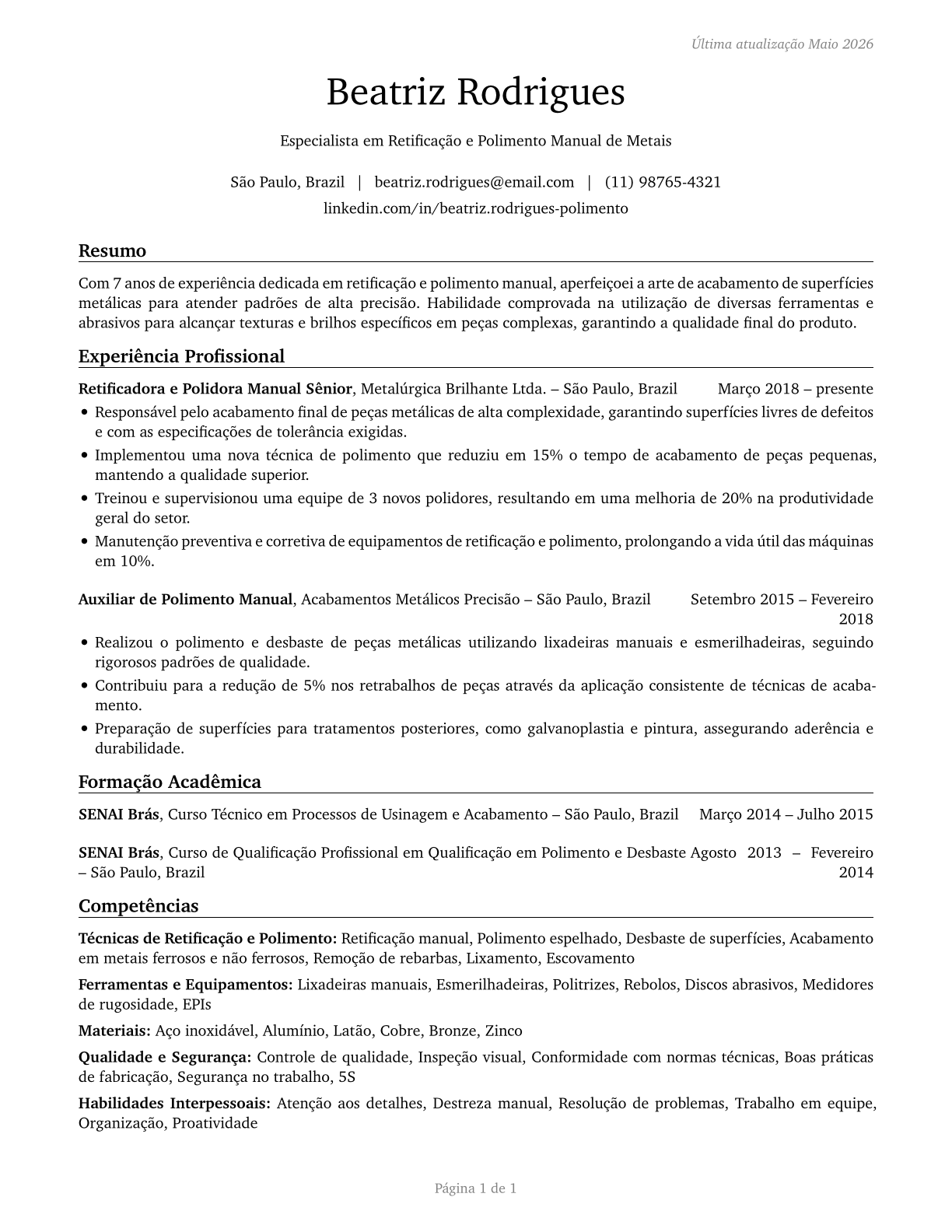 Grinding and Polishing Workers, Hand CV in Portuguese — page 1
