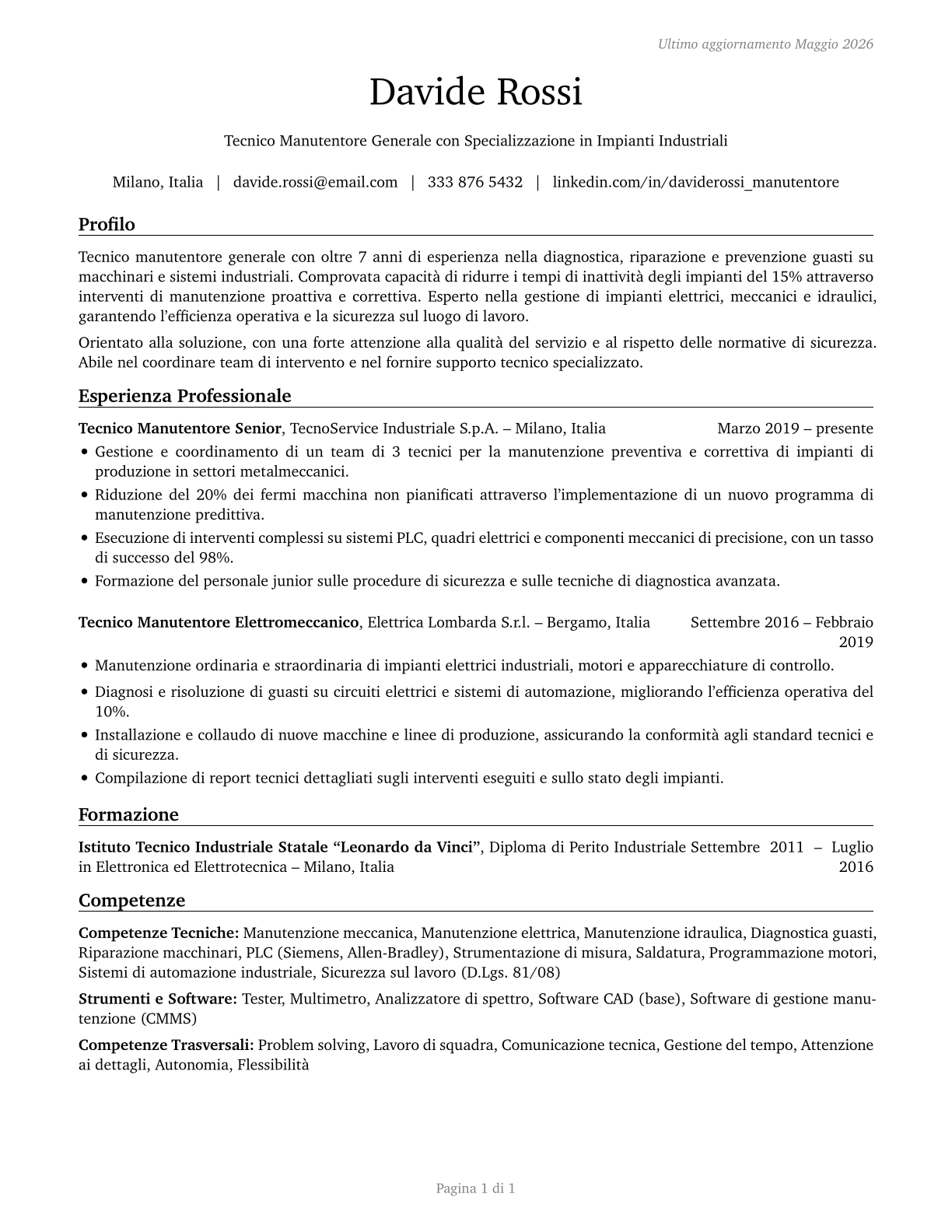 Maintenance and Repair Workers, General CV in Italian — page 1